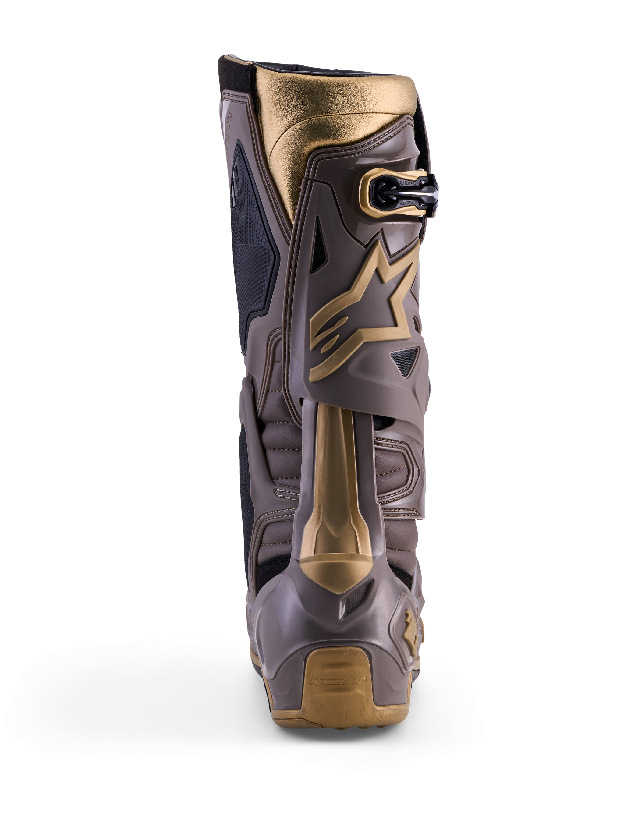 Botas Alpinestars Tech 10 Air Gold, vista traseira em castanho terra com concha em TPU e pormenores dourados.