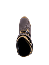 Botas Alpinestars Tech 10 Air Gold Earth Brown Gold, vista superior com concha de TPU e forro interior.