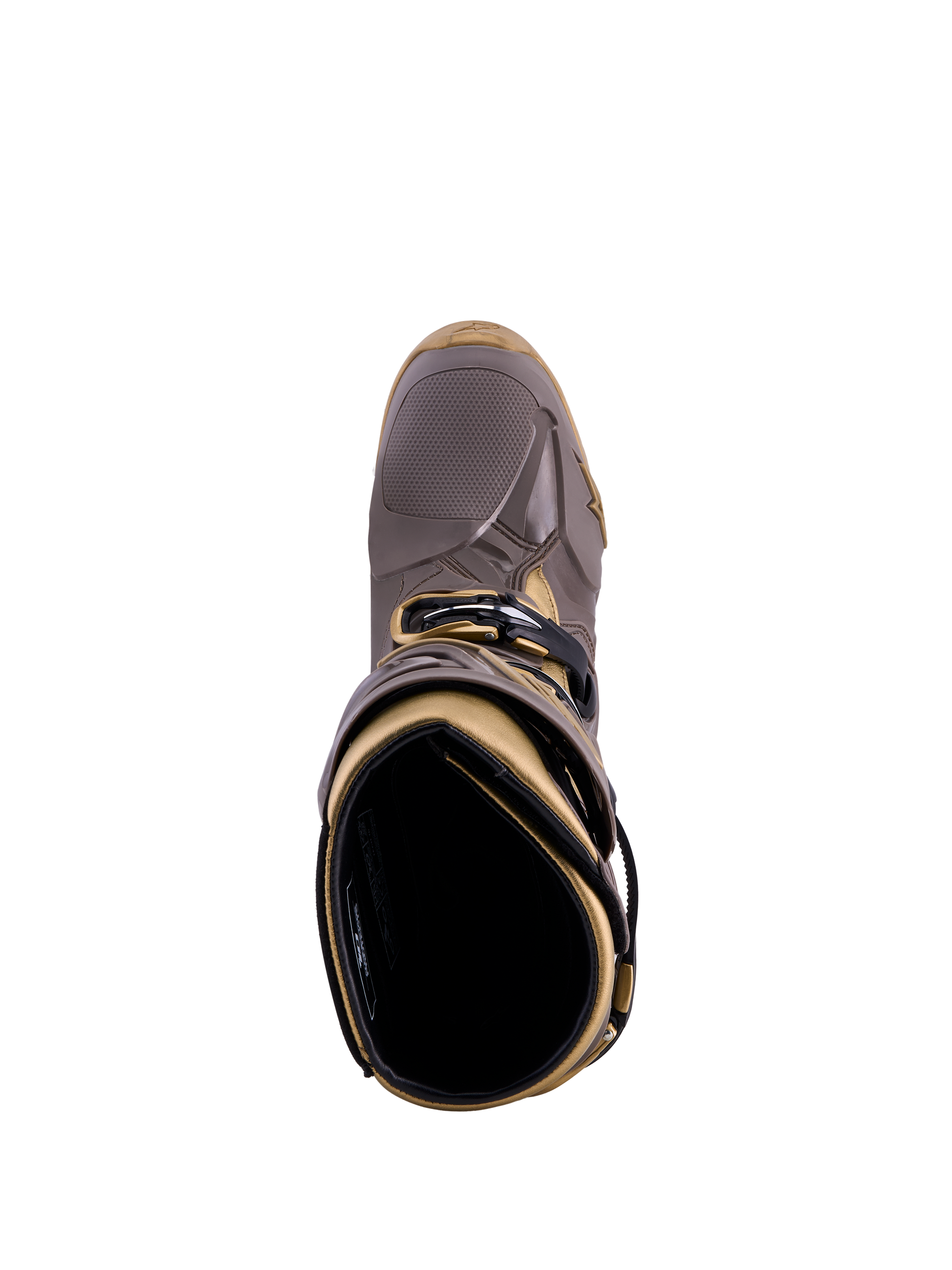 Botas Alpinestars Tech 10 Air Gold Earth Brown Gold, vista superior com concha de TPU e forro interior.