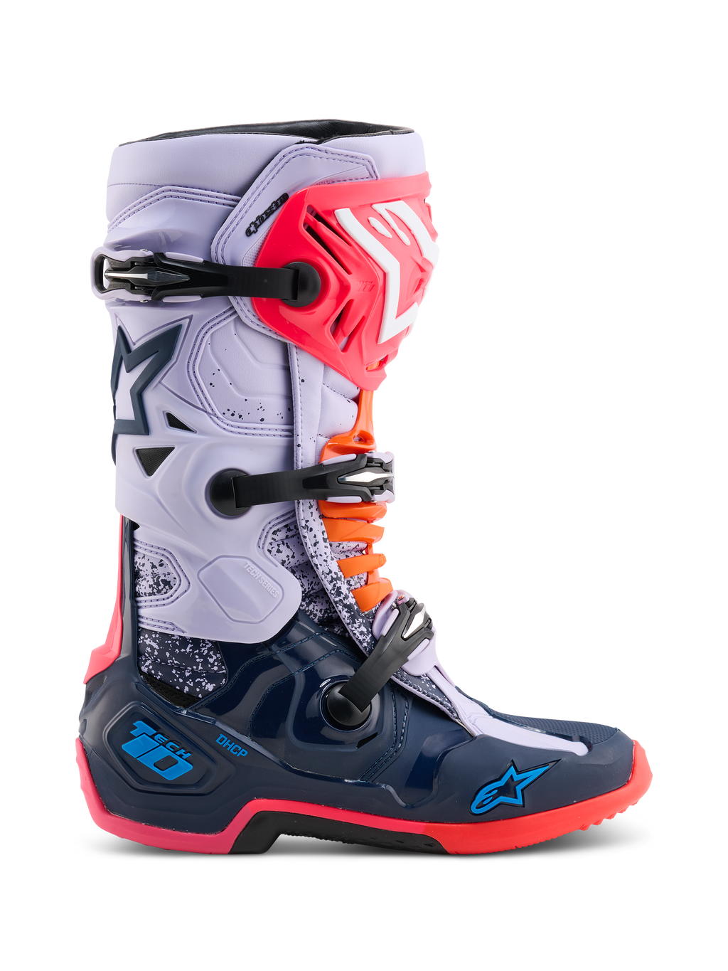 Alpinestars Limited Edition Tech 10 Records Boots, Motocross Boots, Multicolor with light purple upper and navy blue lower shell, pink and orange accents, triple buckle system, high-performance protective footwear for off-road riding