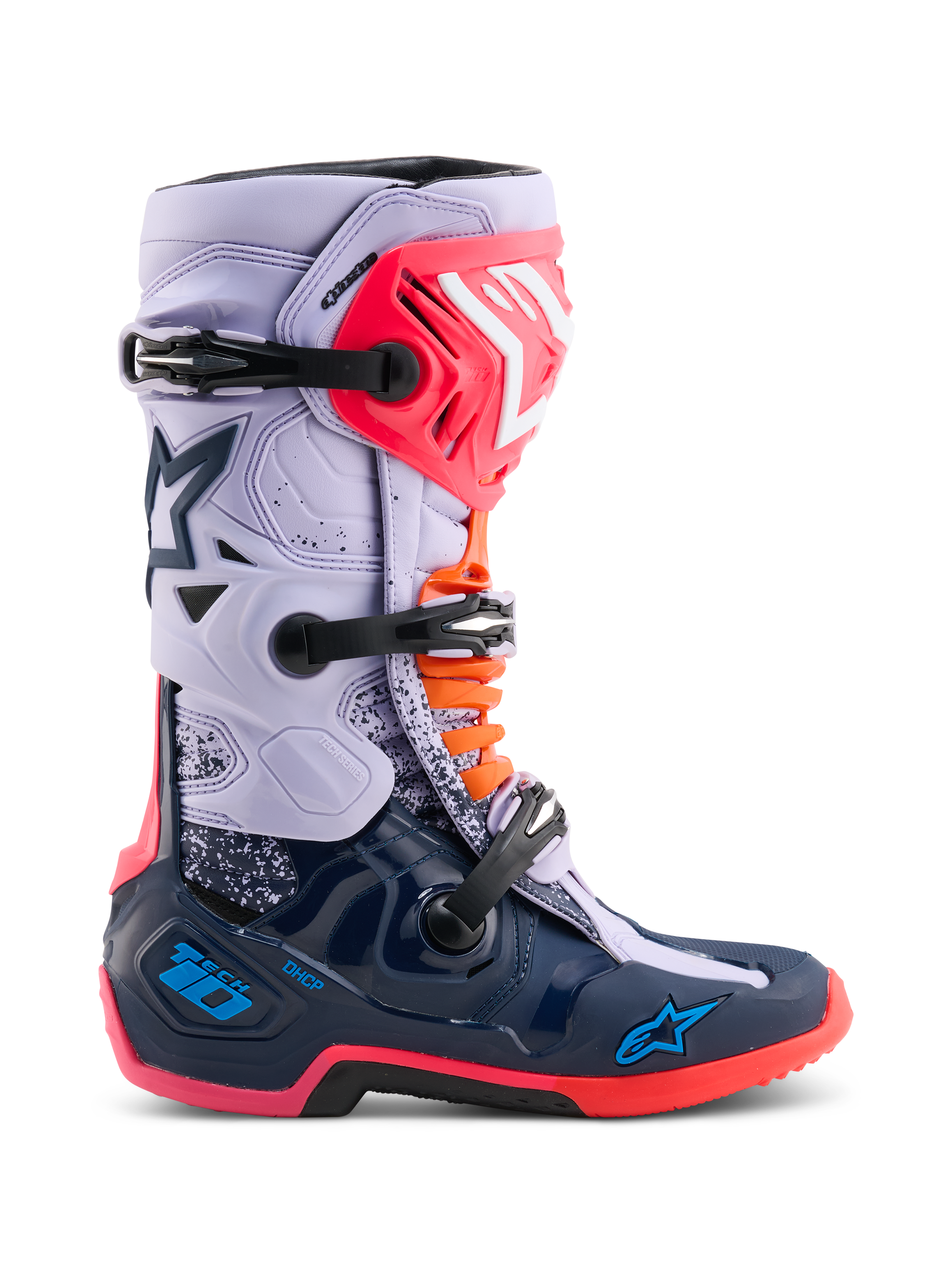 Alpinestars Limited Edition Tech 10 Records Boots, Motocross Boots, Multicolor with light purple upper and navy blue lower shell, pink and orange accents, triple buckle system, high-performance protective footwear for off-road riding