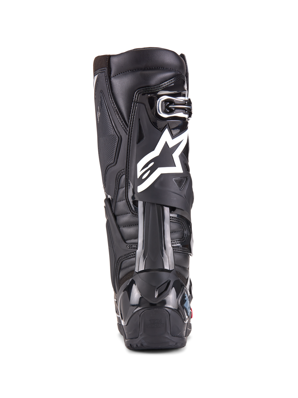 Alpinestars Tech 10 Enduro Boots, Black, Rear view of a single boot showing the white Alpinestars logo, durable TPU heel protector, and rugged enduro sole design for off-road racing