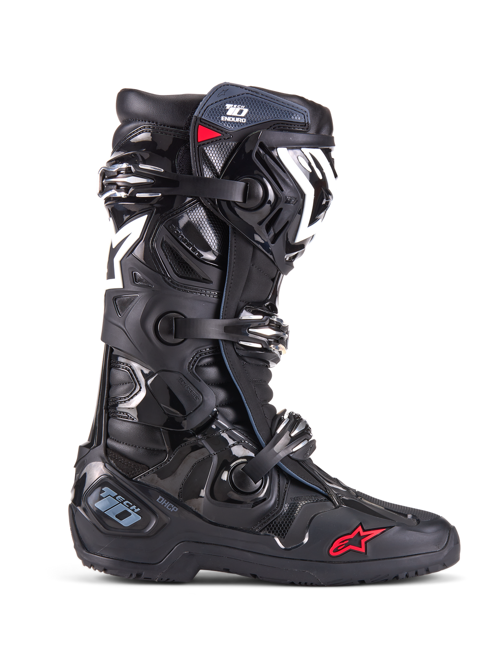 Alpinestars Tech 10 Enduro Boots, Motocross Off-Road Boots, Black with White and Red Accents, Triple Buckle Closure System, Protective TPU Shin Guard and Heel Plate, Rugged Enduro Sole, Iconic Star Logo, Premium Racing Protection