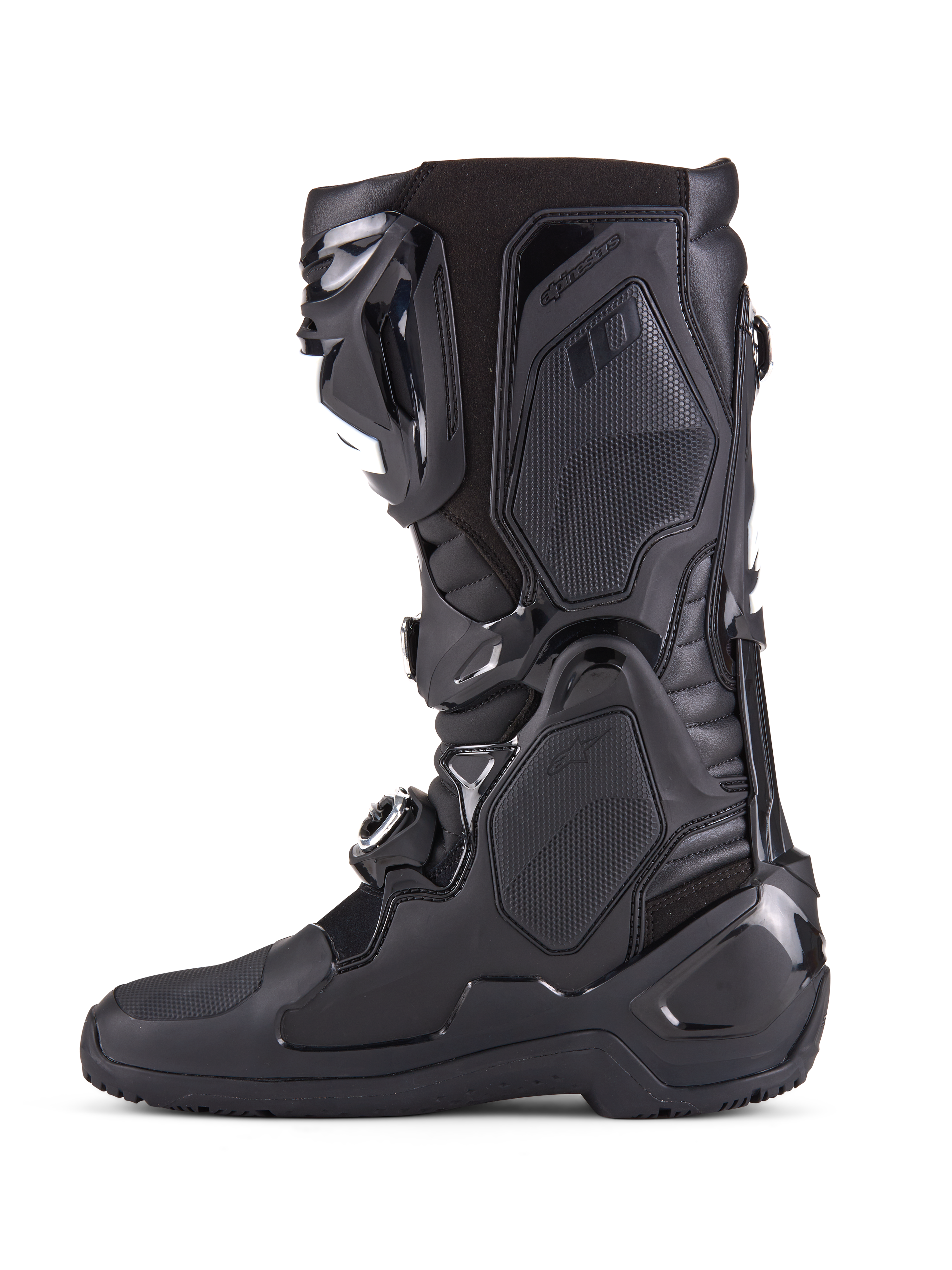 Alpinestars Tech 10 Enduro Boots, All Black, side profile view of high-performance motocross boot, featuring durable TPU protective panels, triple buckle closure system, and advanced flex control for off-road racing