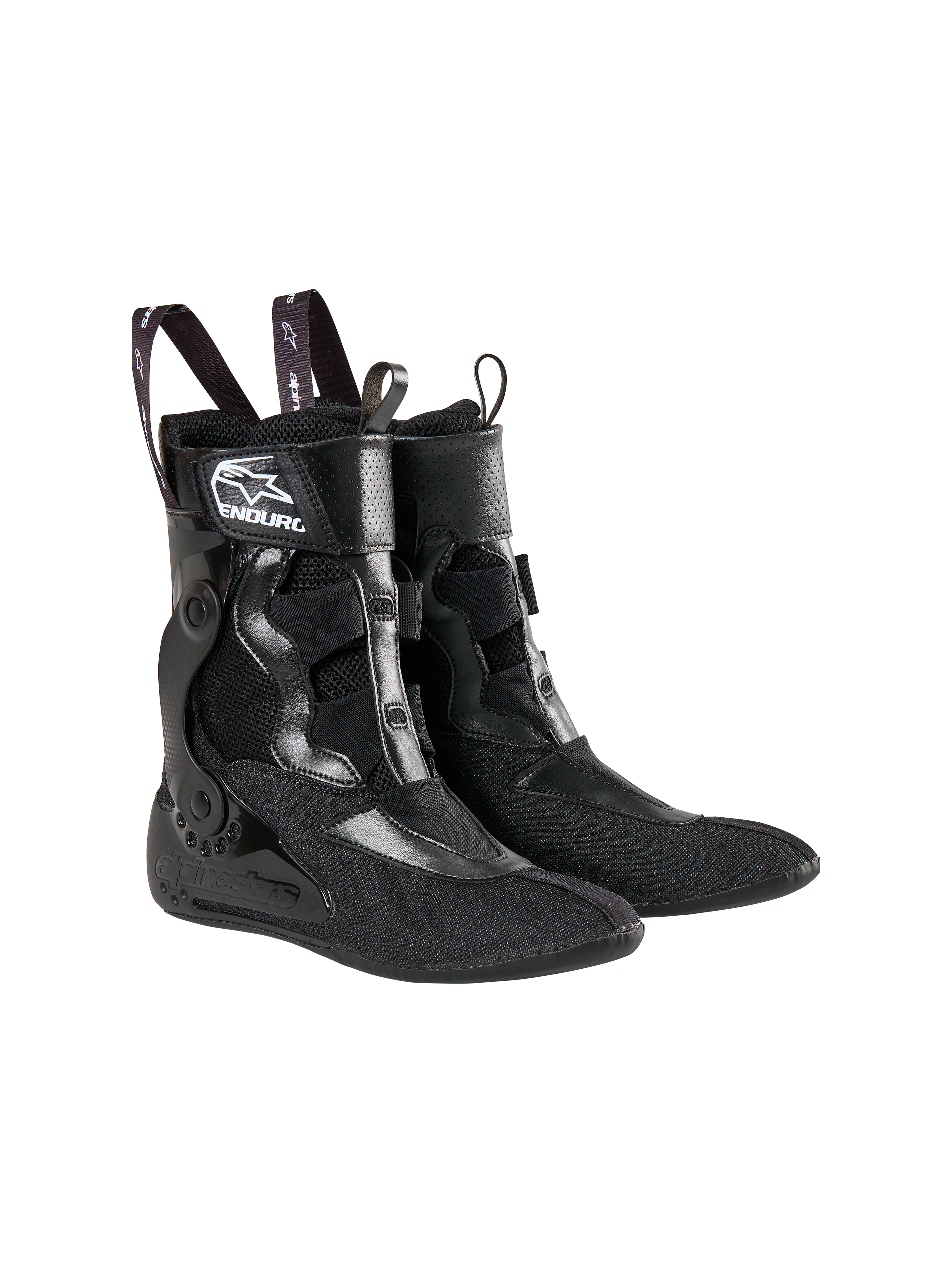 Alpinestars Tech 10 Enduro Inner Booties, botas interiores técnicas pretas, com construção em malha e materiais sintéticos, logótipos Alpinestars e Enduro no tornozelo, abas para facilitar o calçar, concebidas para suporte em motocross e enduro