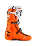 Alpinestars Tech 10 Enduro Boots, Motocross Off-Road Boots, Orange Fluo with Black and White Accents, side view featuring triple buckle closure system, rugged black sole, and protective TPU construction for enduro riding.