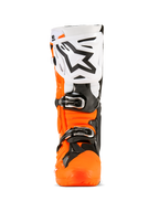 Alpinestars Tech 10 Enduro Boots, Motocross Boots, Orange Fluo Black and White, front view featuring large white shin plate with black Alpinestars logo, black buckles, and rugged orange protective shell