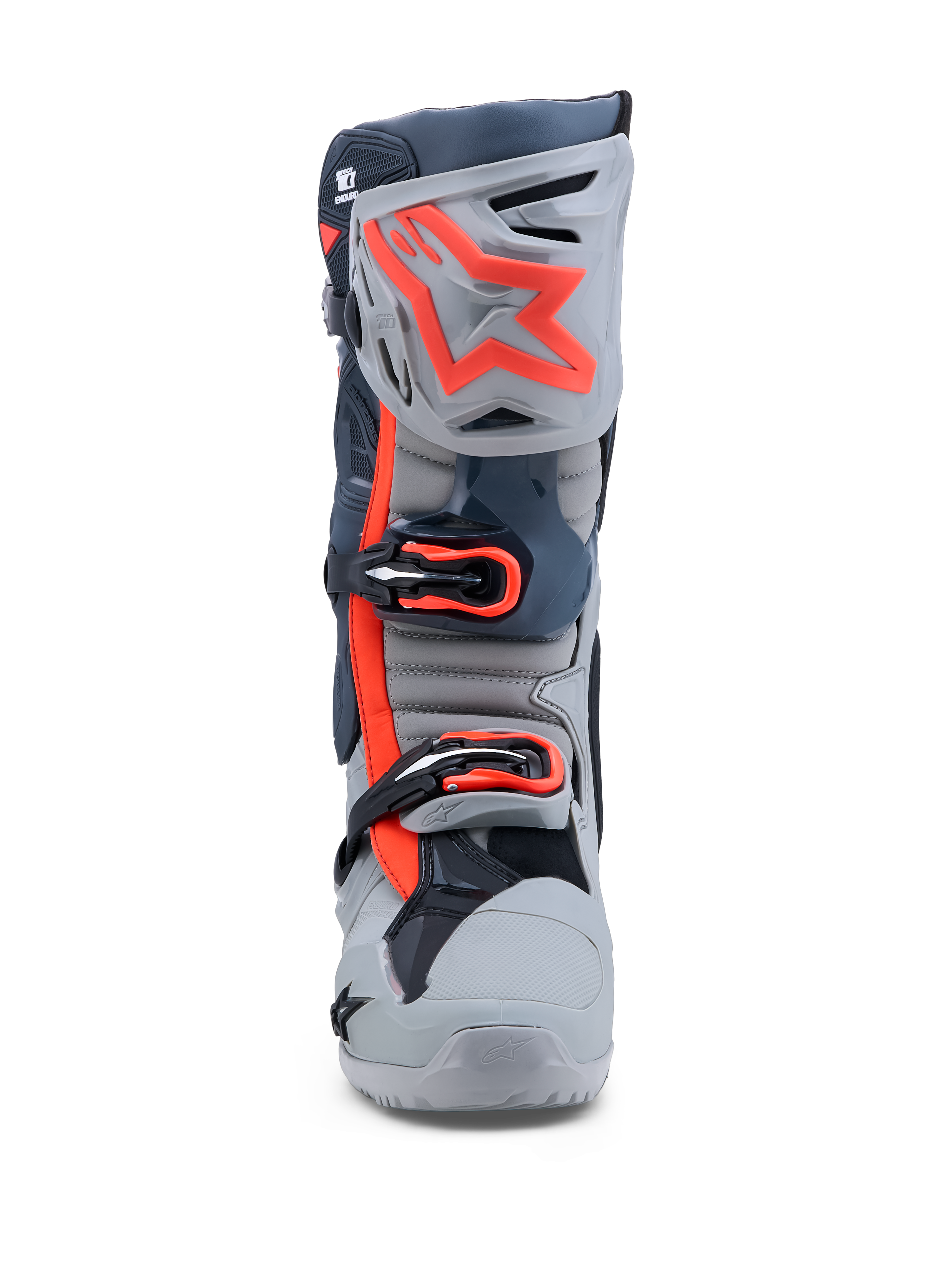 Alpinestars Tech-10 Enduro Boots, gray and red fluo motocross boots featuring a triple buckle closure and TPU shin plate.
