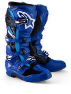 Alpinestars Yamaha Tech 7 Boots, Motocross Boots, Blue Black and White, featuring a multi-buckle closure system, TPU shin plate with white Astar logo, and Yamaha branding on the top gaiter, designed for off-road performance
