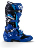 Alpinestars Yamaha Tech 7 Boots, Motocross Racing Boots, Blue with Black and White accents, side profile showing four adjustable buckles, reinforced TPU protection on the shin and heel, bold Yamaha branding, and a rugged sole for off-road performance