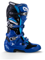 Alpinestars Yamaha Tech 7 Boots, Motocross Racing Boots, Blue with Black and White accents, side profile showing four adjustable buckles, reinforced TPU protection on the shin and heel, bold Yamaha branding, and a rugged sole for off-road performance