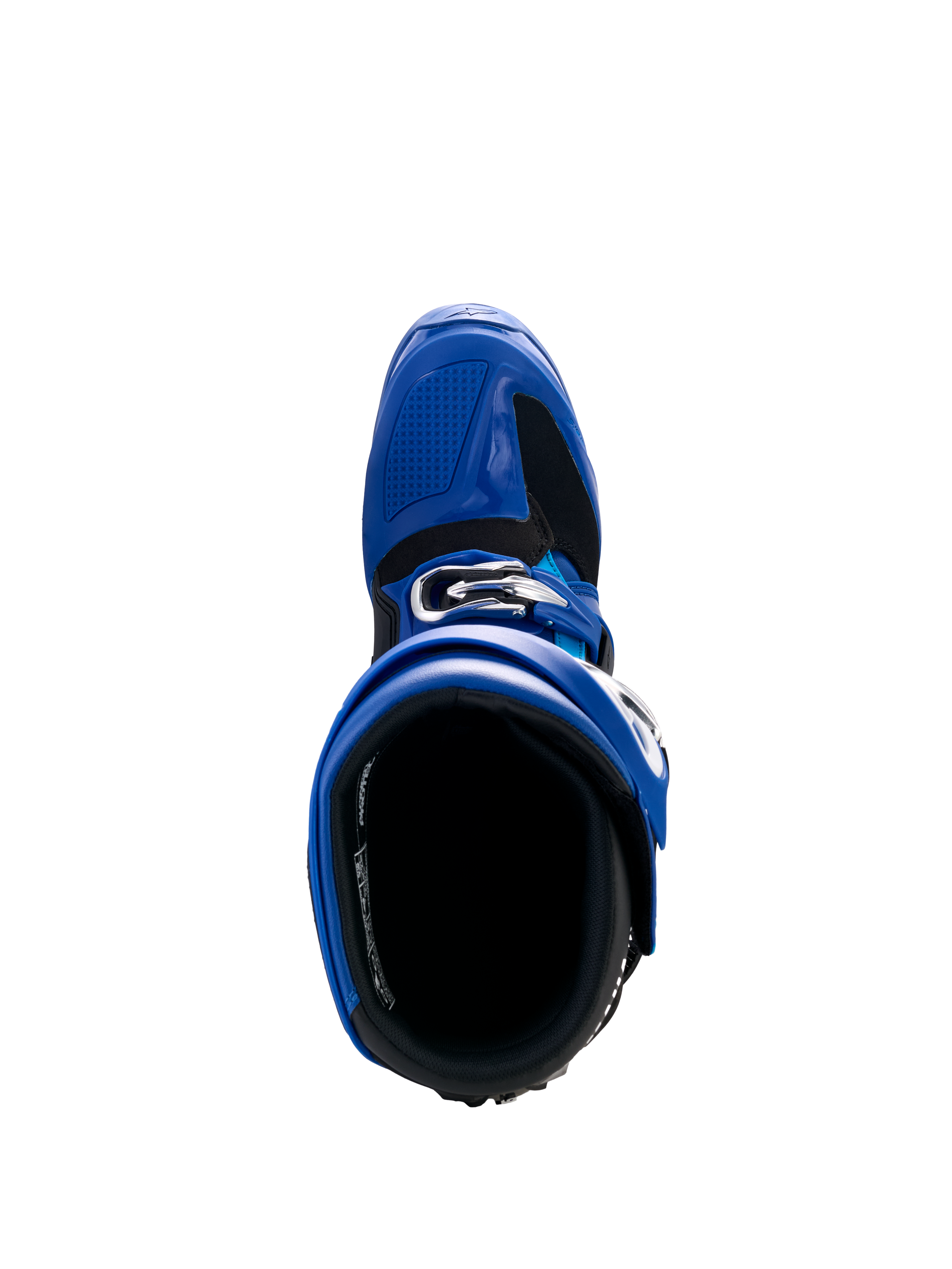 Alpinestars Yamaha Tech 7 Boots, Motocross Boots, Blue Black and White, top-down view showing interior opening and adjustable buckle system, high-performance protective footwear for off-road racing