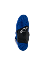 Alpinestars Yamaha Tech 7 Boots, Motocross Boots, Blue and Black sole view, dual-compound vulcanized rubber outsole with textured grip pattern, featuring a white Alpinestars logo and red wear limit indicator