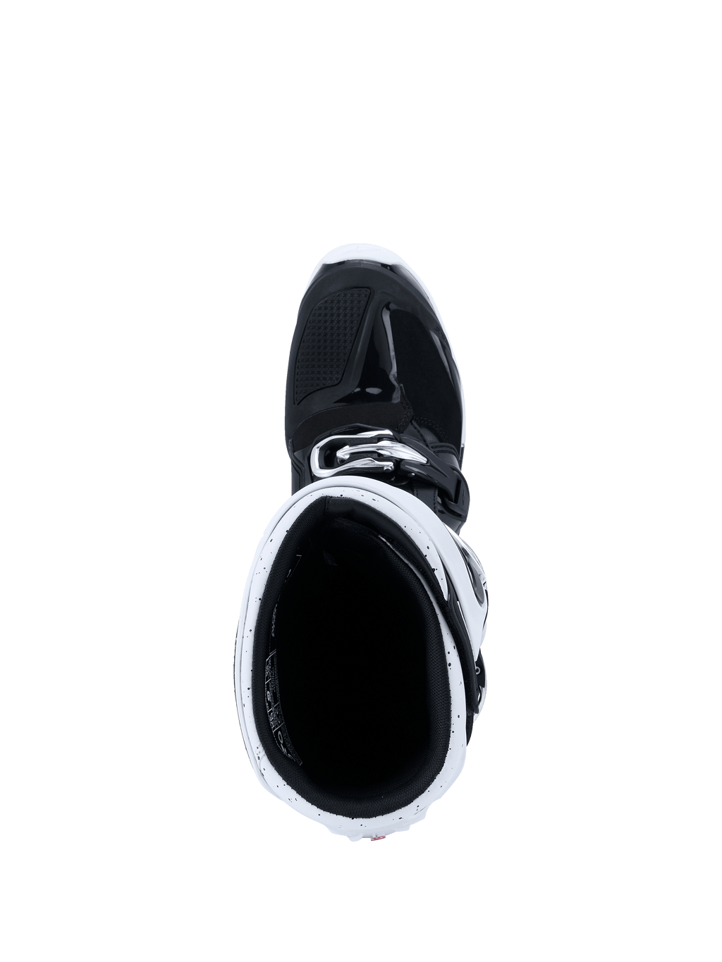 Botas Alpinestars 2026 Tech 7 Enduro, botas de motocross, pretas e brancas, vista de cima para o interior do cano da bota mostrando a polaina branca e o interior preto, equipamento especializado para condução off-road e enduro