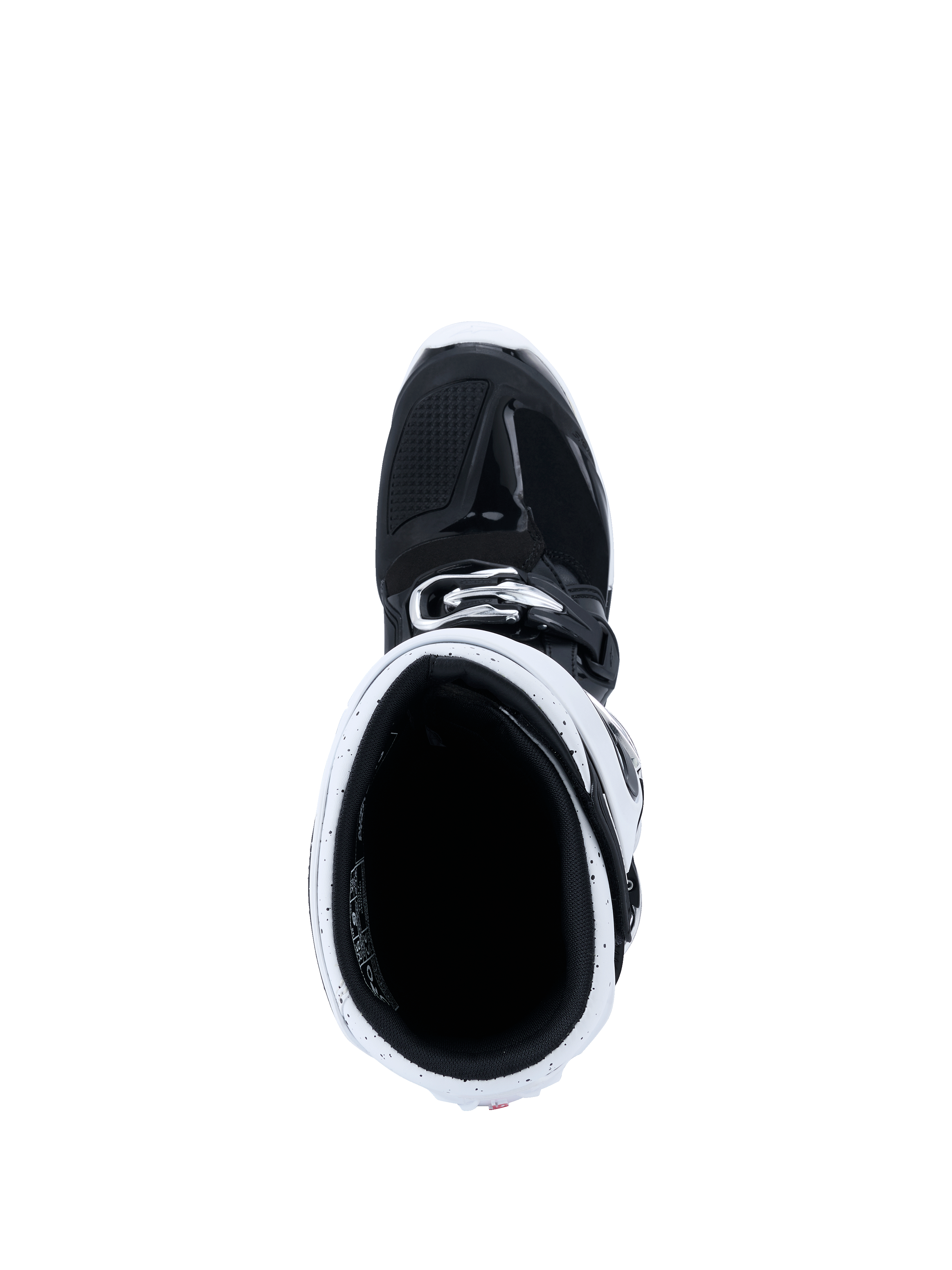 Botas Alpinestars 2026 Tech 7 Enduro, botas de motocross, pretas e brancas, vista de cima para o interior do cano da bota mostrando a polaina branca e o interior preto, equipamento especializado para condução off-road e enduro