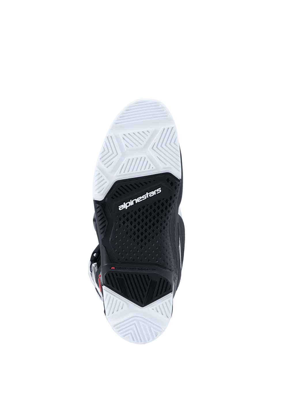 Botas Alpinestars 2026 Tech 7 Enduro, vista inferior da sola, sola de composto duplo em preto e branco com padrão de rasto texturizado, logótipo Alpinestars no centro, concebida para durabilidade e aderência em terrenos off-road