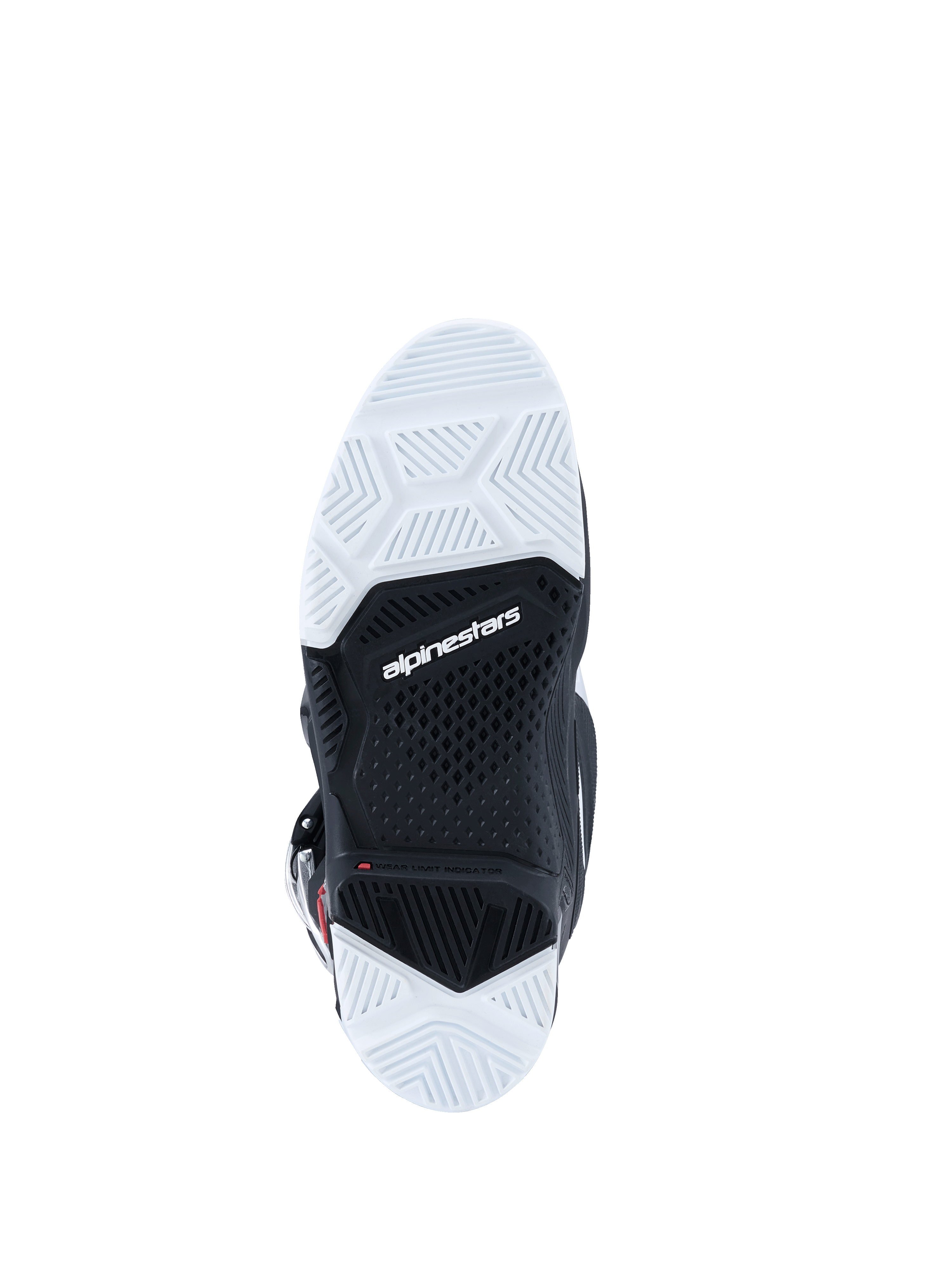 Botas Alpinestars 2026 Tech 7 Enduro, vista inferior da sola, sola de composto duplo em preto e branco com padrão de rasto texturizado, logótipo Alpinestars no centro, concebida para durabilidade e aderência em terrenos off-road