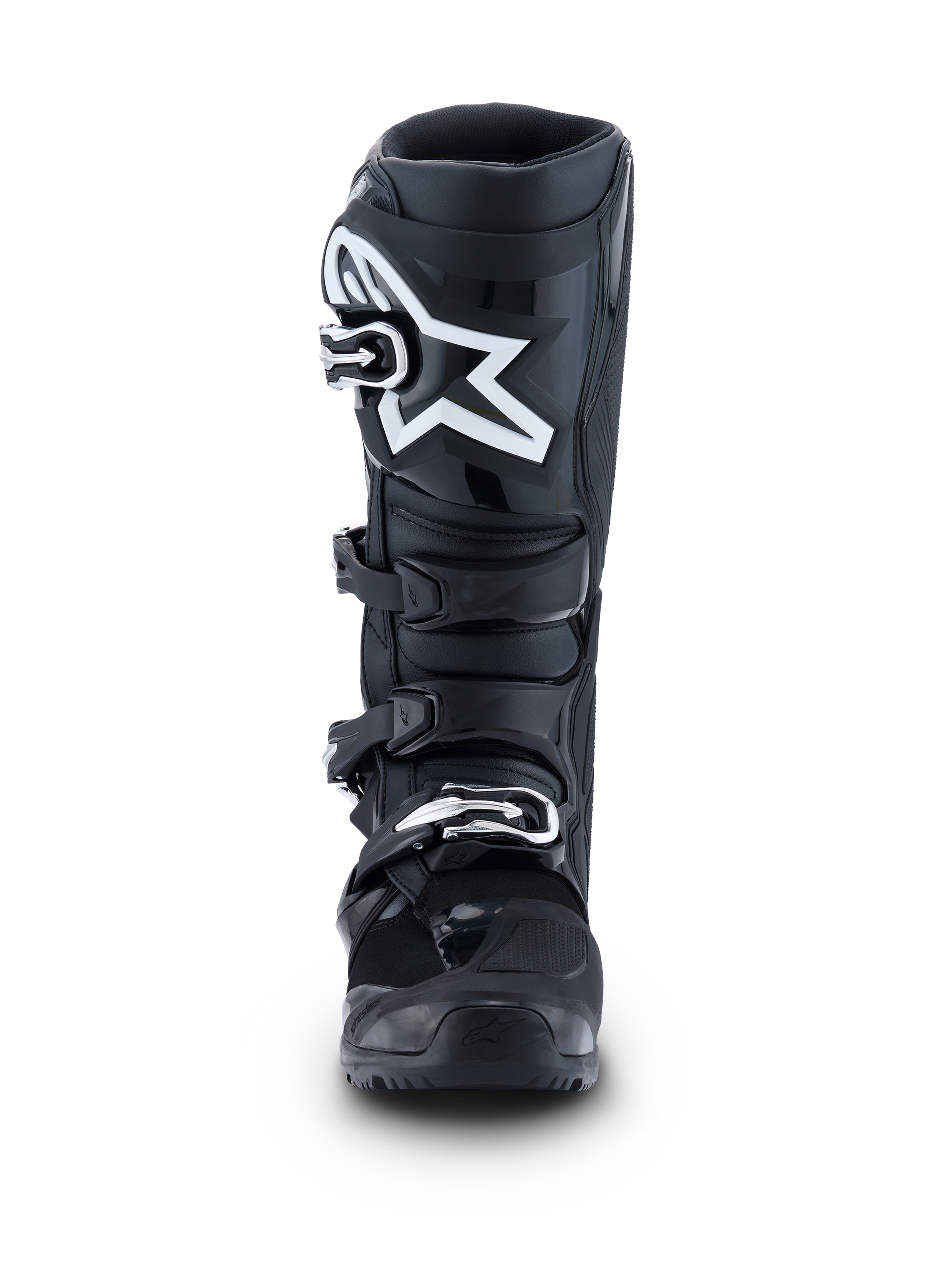 Alpinestars 2026 Tech 7 Enduro Boots, Black Anthracite White, front view featuring a prominent white star logo on the shin plate, four-buckle quick-release system, and reinforced protective structure for enduro and off-road riding