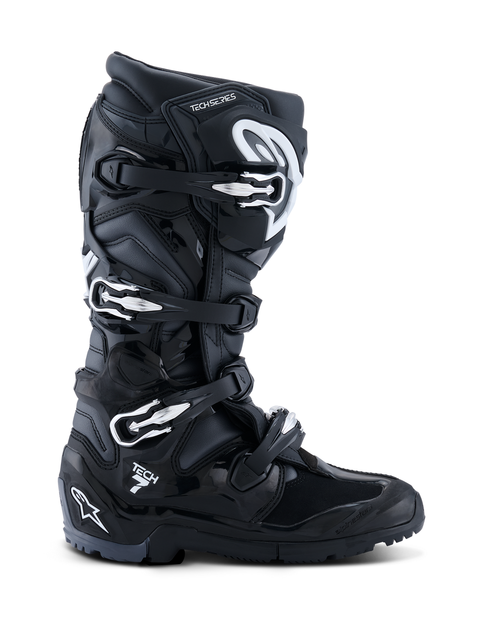 Botas Alpinestars 2026 Tech 7 Enduro, pretas, antracite e brancas, botas de motociclismo off-road especializadas, sistema de fecho com quatro fivelas, parte superior em microfibra reforçada com PU, sola robusta para terrenos de enduro e logótipo Tech 7 no calcanhar.