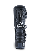 Alpinestars 2026 Tech 7 Enduro Boots, Rear View, Black Anthracite and White, off-road motorcycle boots featuring white Astar logo, buckle closure system, and TPU heel protection