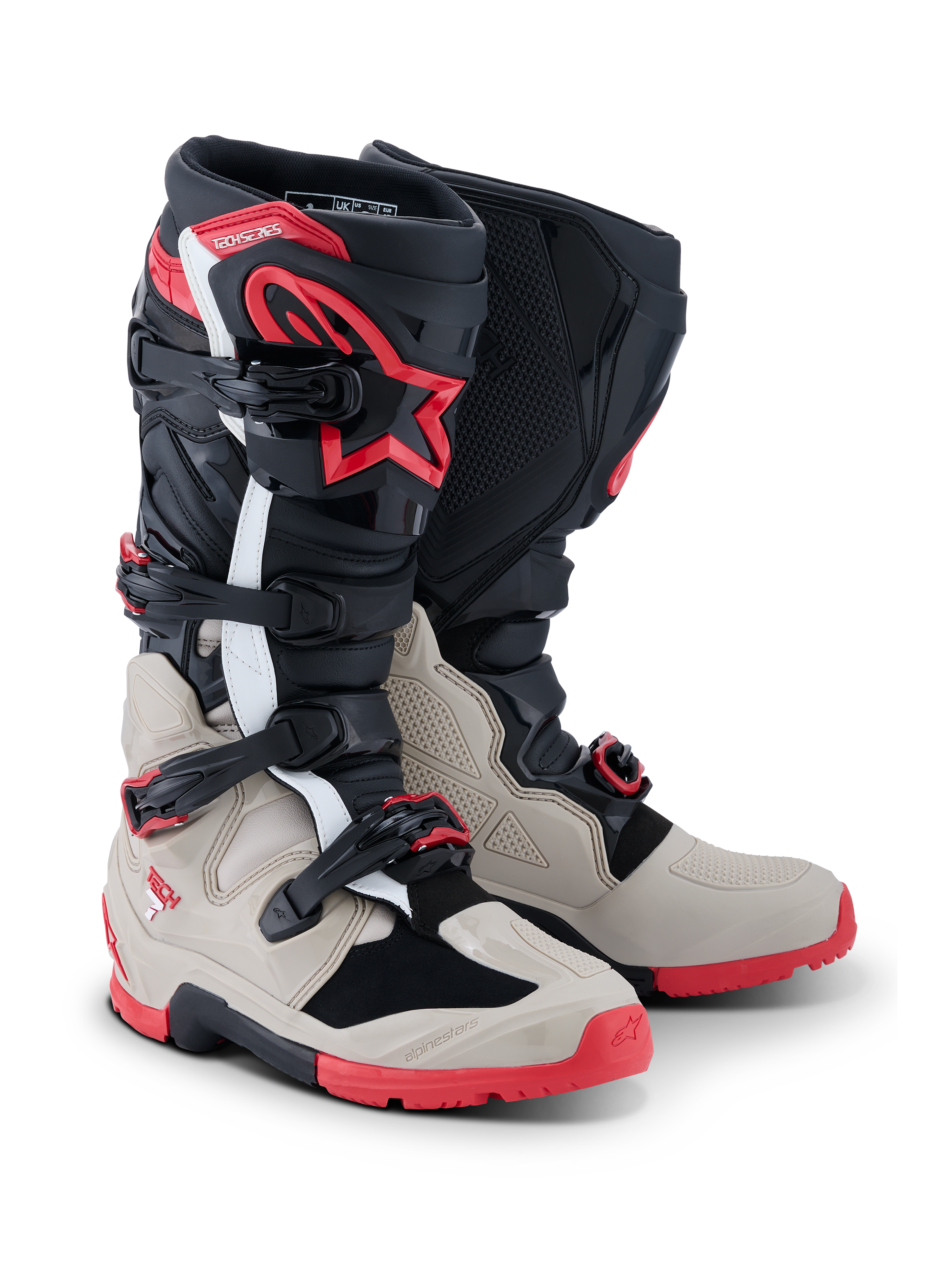 Alpinestars 2026 Tech 7 Enduro Boots, Motocross and Enduro Boots, Black Light Gray and Bright Red, featuring a four-buckle closure system, TPU shin protection with red star logo, and a rugged red sole for off-road performance
