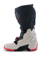 Alpinestars 2026 Tech 7 Enduro Boots, Off-Road Motorcycle Boots, Black Light Gray and Bright Red, profile view showing TPU protection panels, self-aligning buckle system, and rugged red dual-compound sole for enduro riding