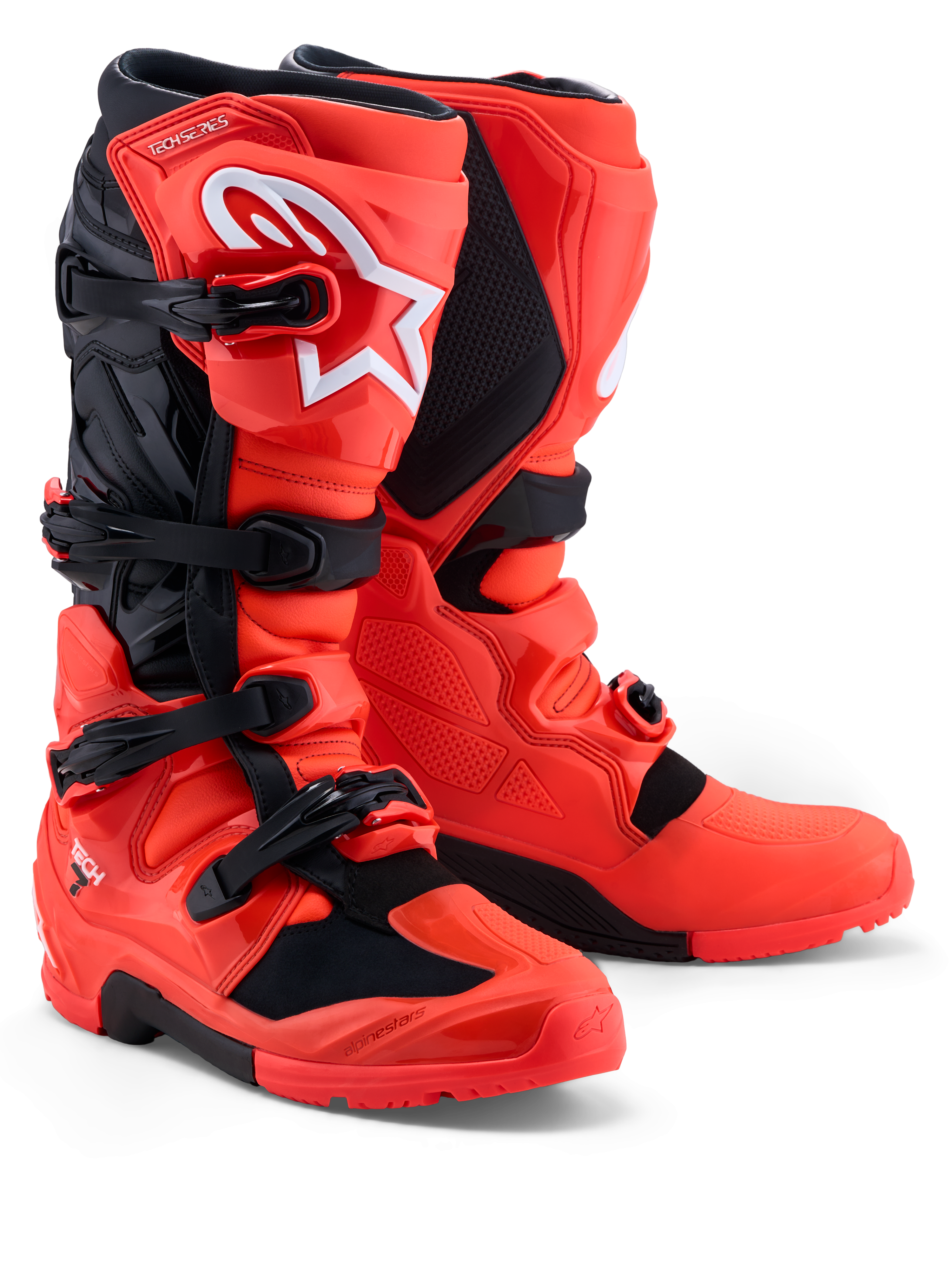 Alpinestars botas Tech 7 Enduro, botas de moto todo-o-terreno, vermelhas e pretas, com proteção TPU e fecho de fivelas.