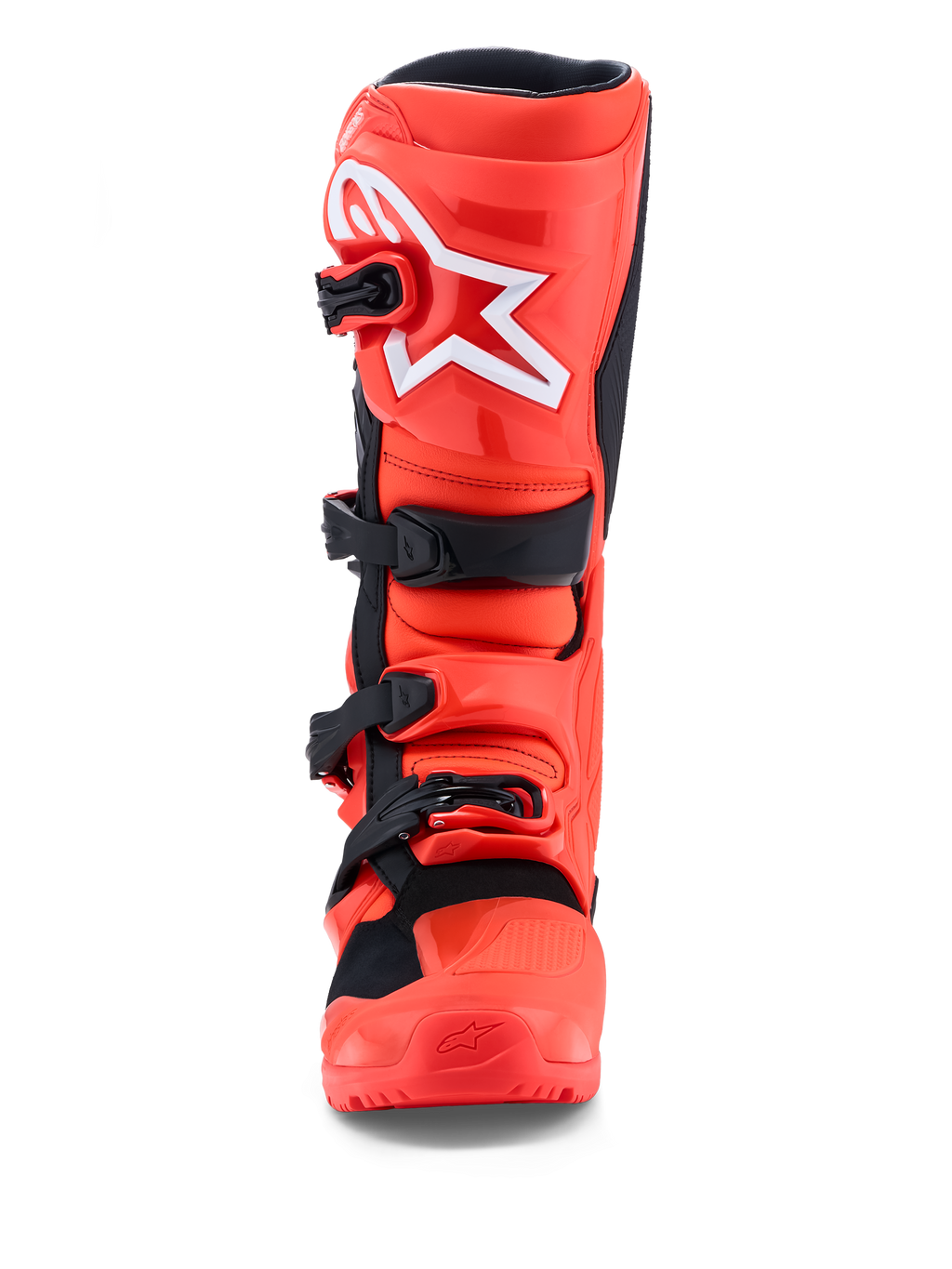 Alpinestars Botas Tech 7 Enduro, botas de motocross para homem, vermelhas fluorescentes e pretas, proteção em TPU, certificadas CE, vista frontal.