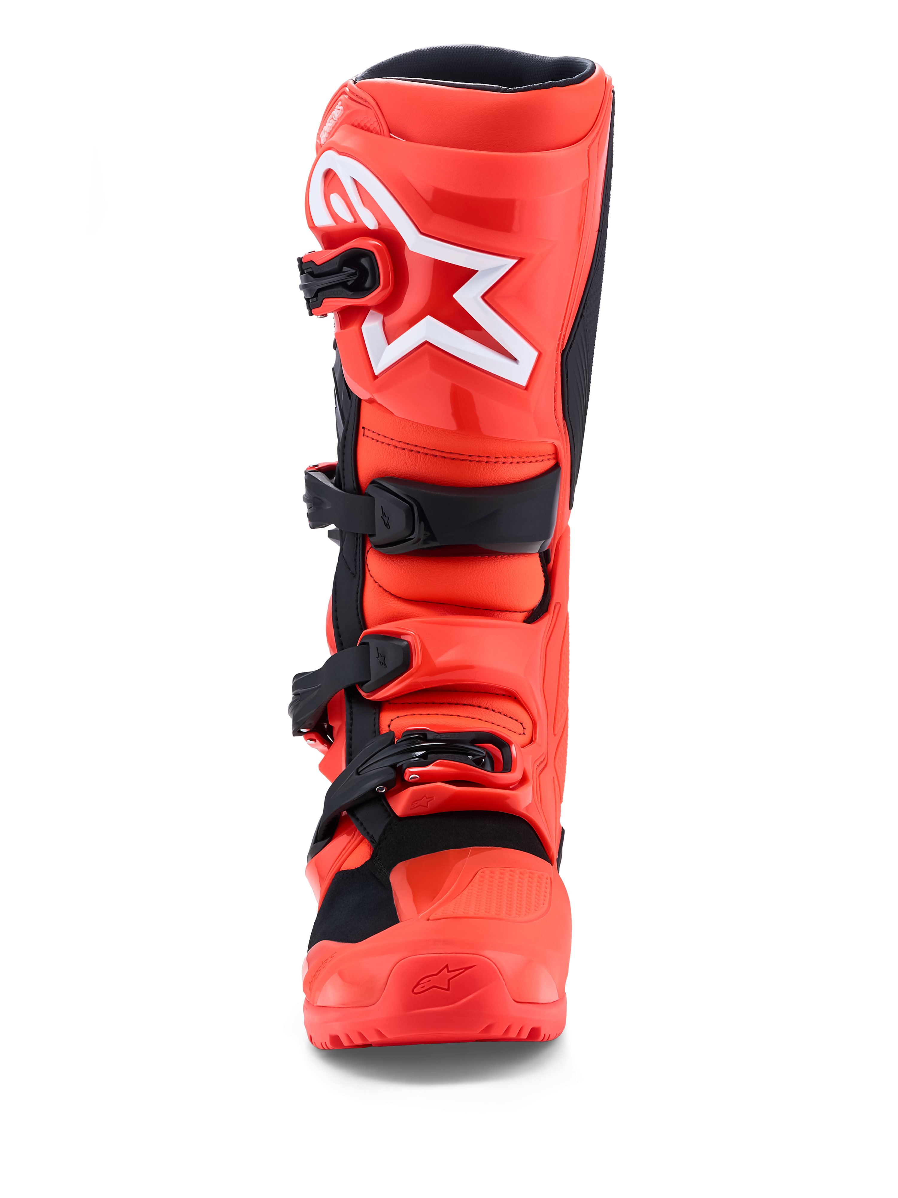 Alpinestars Botas Tech 7 Enduro, botas de motocross para homem, vermelhas fluorescentes e pretas, proteção em TPU, certificadas CE, vista frontal.