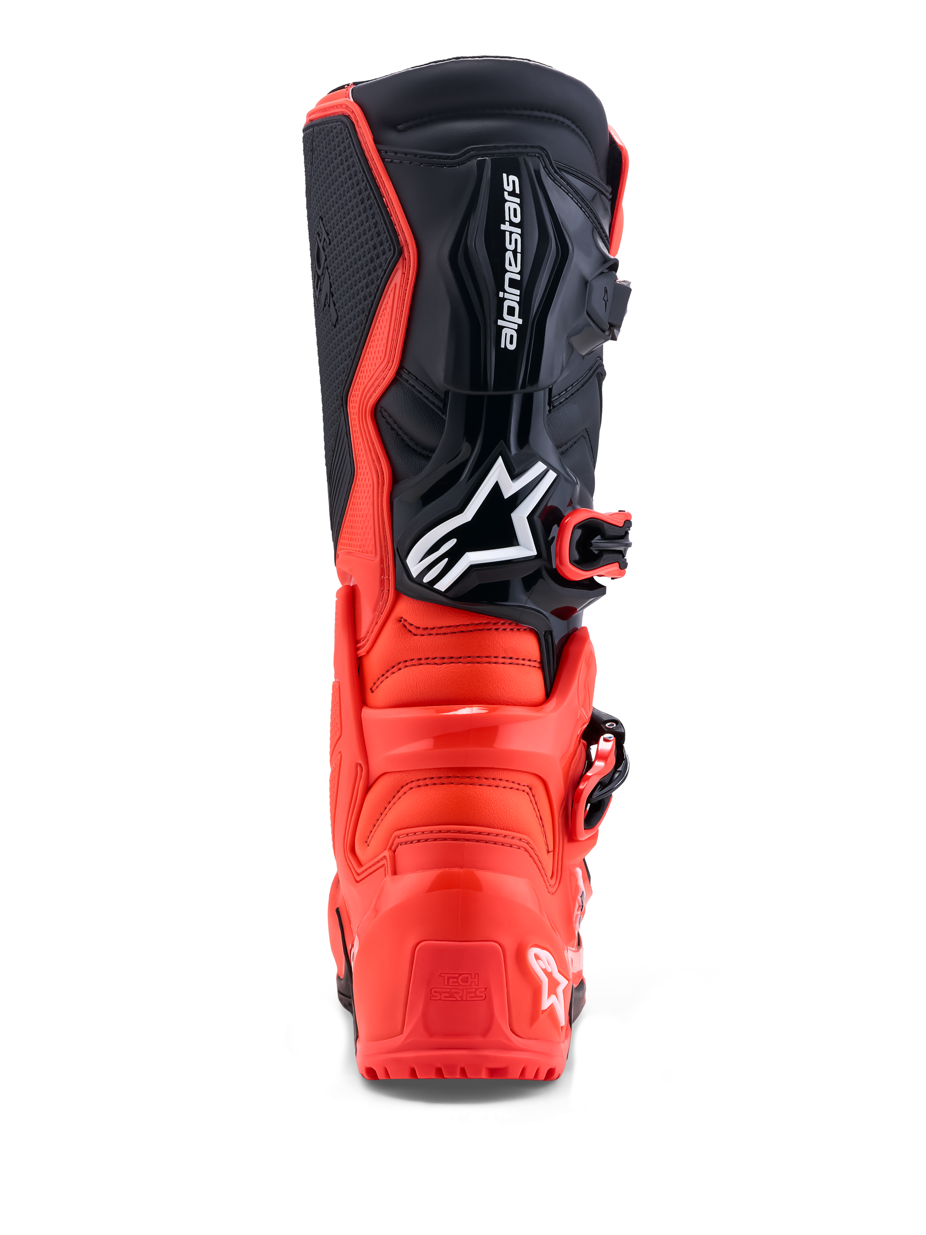 Alpinestars Tech 7 Enduro, botas de moto todo-o-terreno, vermelhas e pretas, vista traseira com proteção TPU