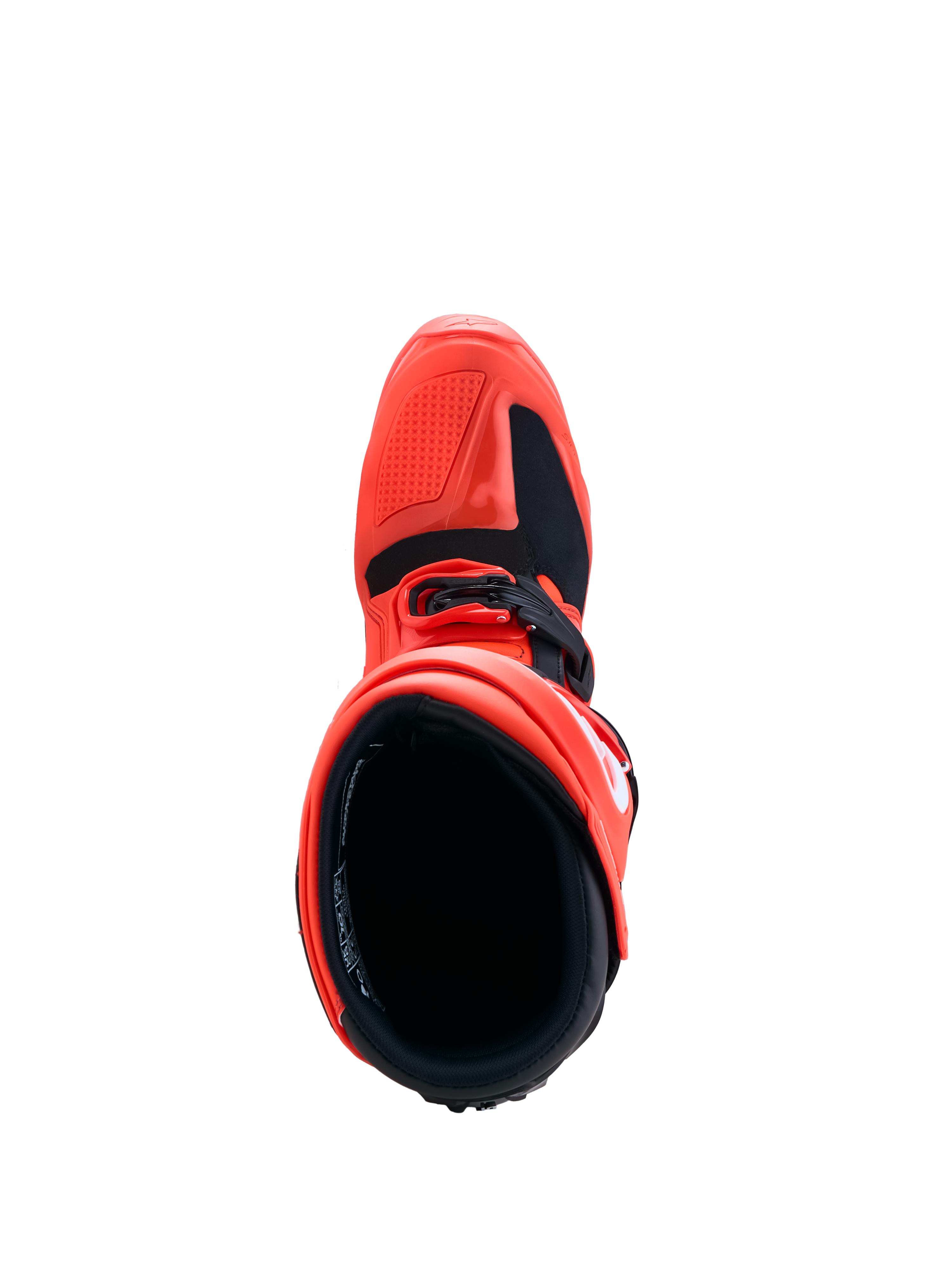 Botas Alpinestars Tech 7 Enduro vermelhas e pretas, vista superior do chassis de TPU durável e forro interior.