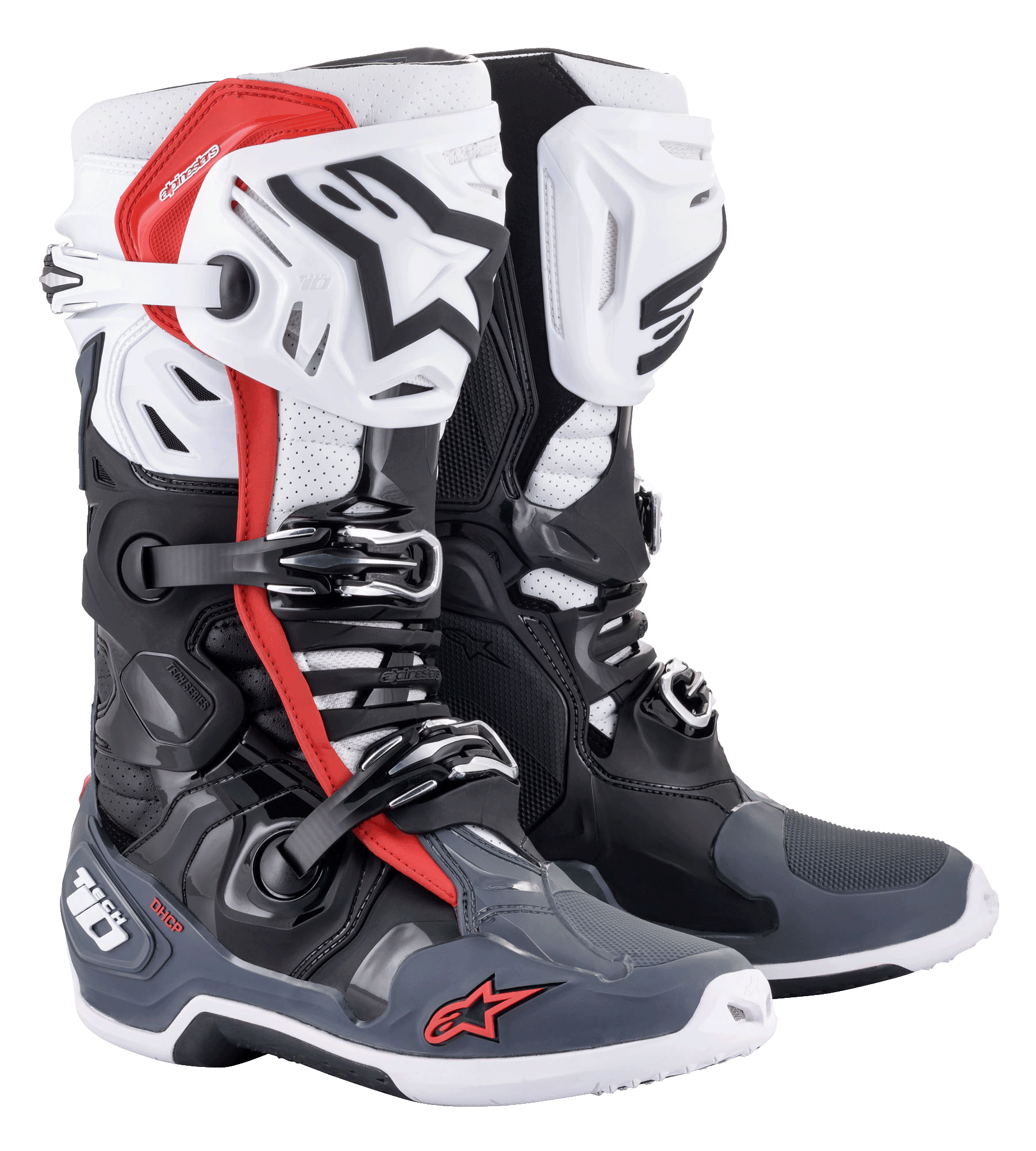 Botas Alpinestars Tech 10 Supervented, botas de motocross, pretas, brancas, cinzento médio e vermelhas, com caneleiras ventiladas, construção em microfibra perfurada para fluxo de ar, sistema de fecho de fivelas múltiplas e logótipos Alpinestars na biqueira e no calcanhar.
