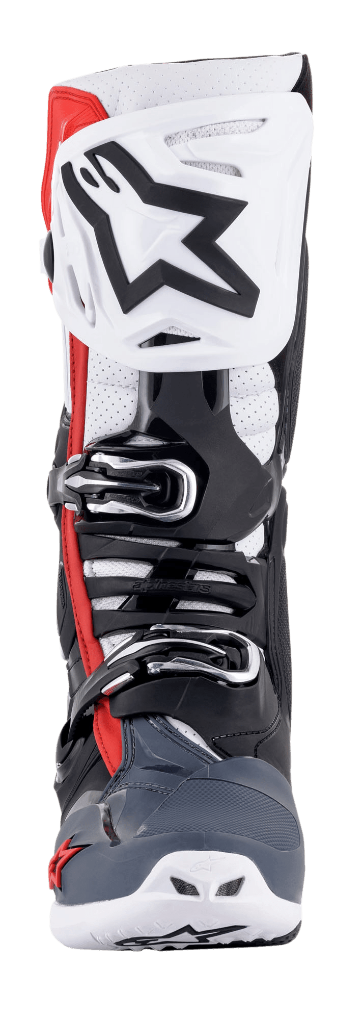 Botas Alpinestars Tech 10 Supervented, vista frontal, preto, branco, cinzento médio e vermelho, com caneleira ventilada e logótipo de estrela preta grande, sistema de fivelas micro-ajustáveis, zonas perfuradas para fluxo de ar e chassi protetor em TPU durável para motocross.