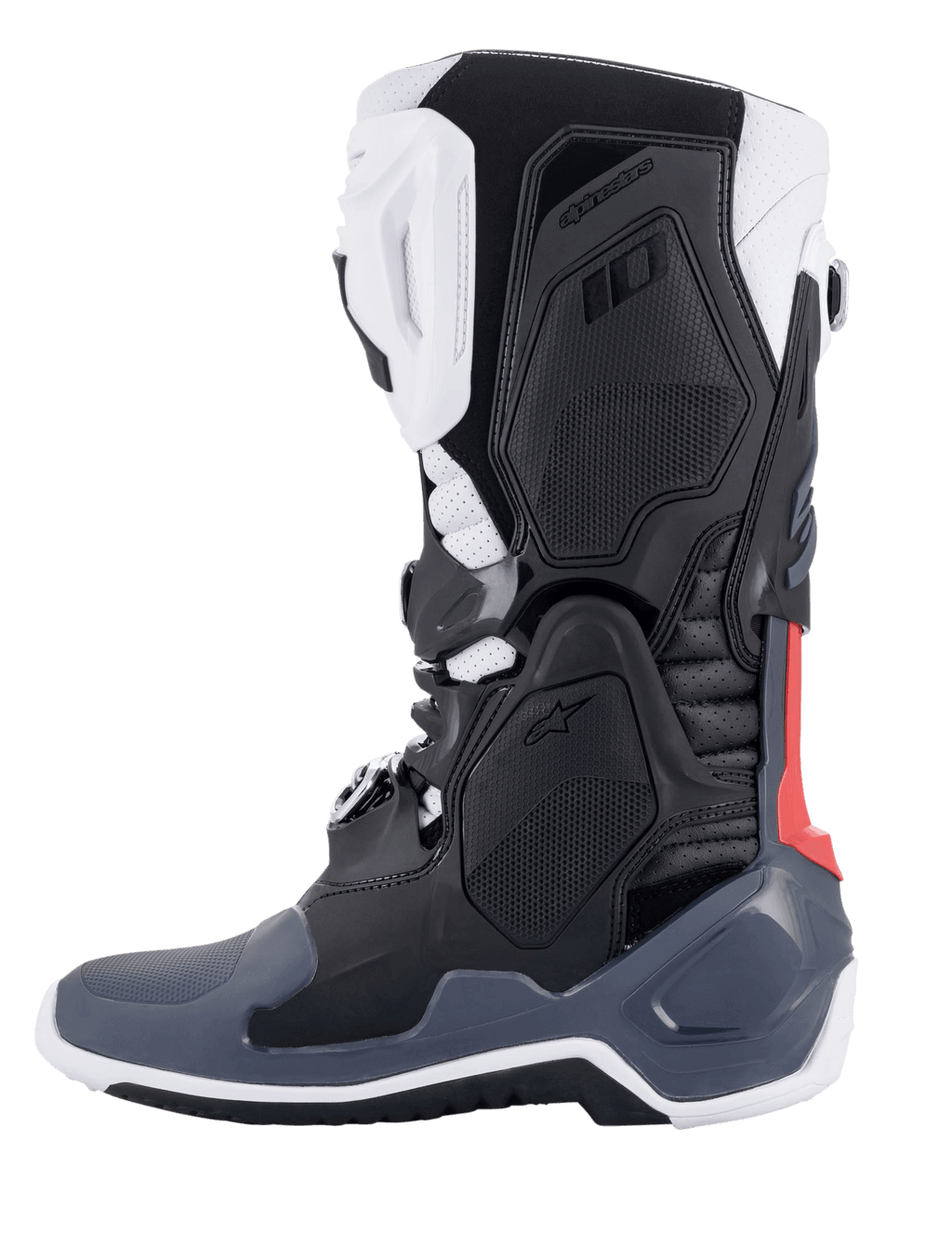 Alpinestars Tech 10 Supervented Boots, botas de motocross, preto, branco, cinzento médio e vermelho, vista de perfil lateral, com painéis de TPU ventilados, construção em microfibra perfurada e sola de alta performance para condução todo-o-terreno