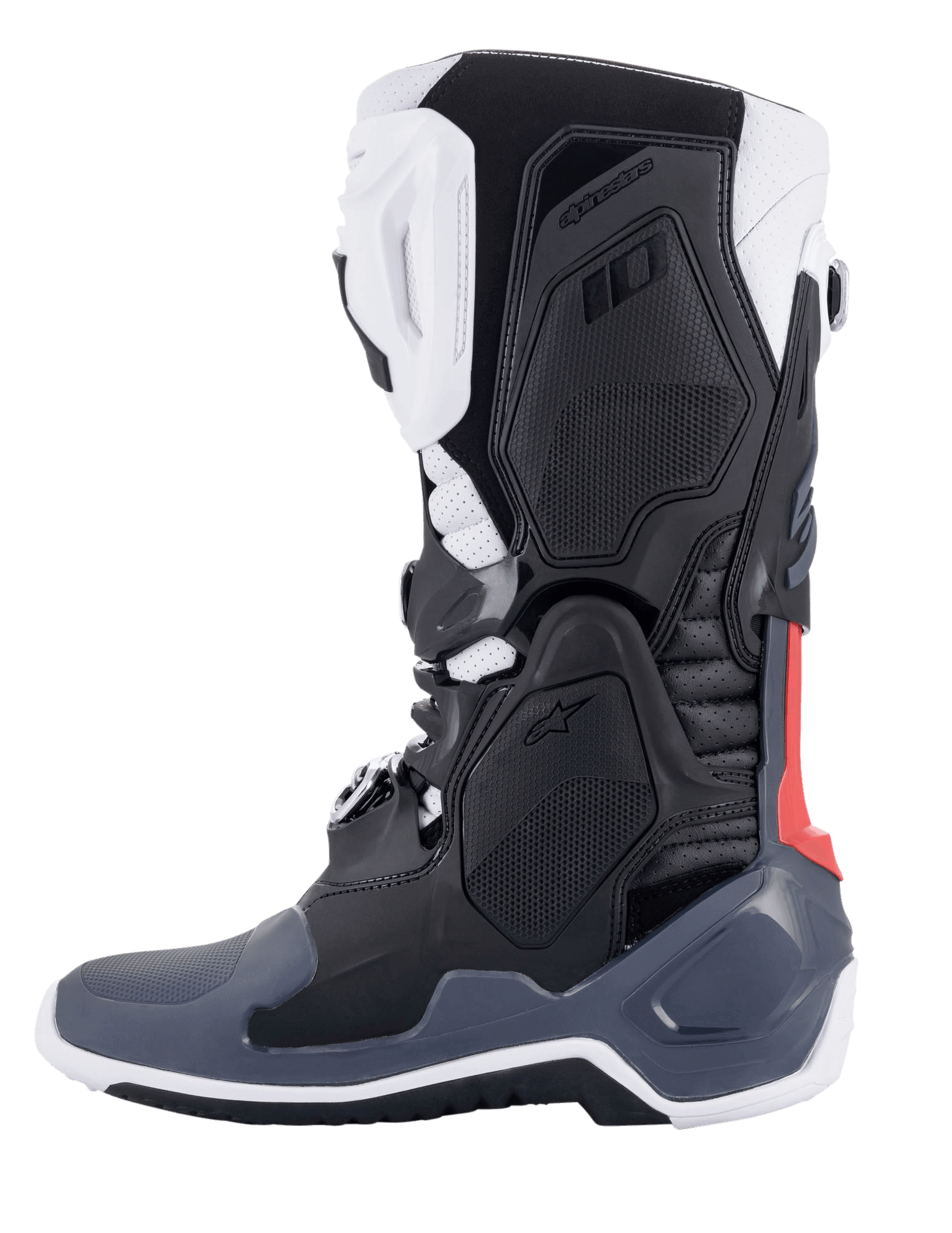 Alpinestars Tech 10 Supervented Boots, botas de motocross, preto, branco, cinzento médio e vermelho, vista de perfil lateral, com painéis de TPU ventilados, construção em microfibra perfurada e sola de alta performance para condução todo-o-terreno