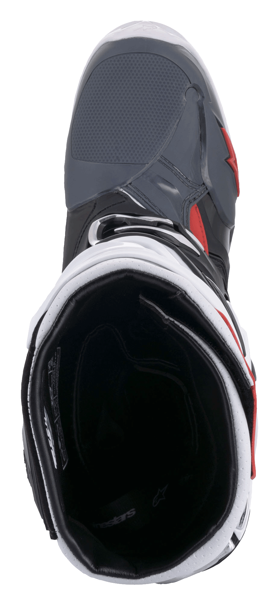 Botas Alpinestars Tech 10 Supervented, botas de motocross, preto, branco, cinzento médio e vermelho, vista superior para o interior do forro de malha e colarinho acolchoado, design técnico para elevado fluxo de ar