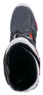 Botas Alpinestars Tech 10 Supervented, botas de motocross, preto, branco, cinzento médio e vermelho, vista superior para o interior do forro de malha e colarinho acolchoado, design técnico para elevado fluxo de ar