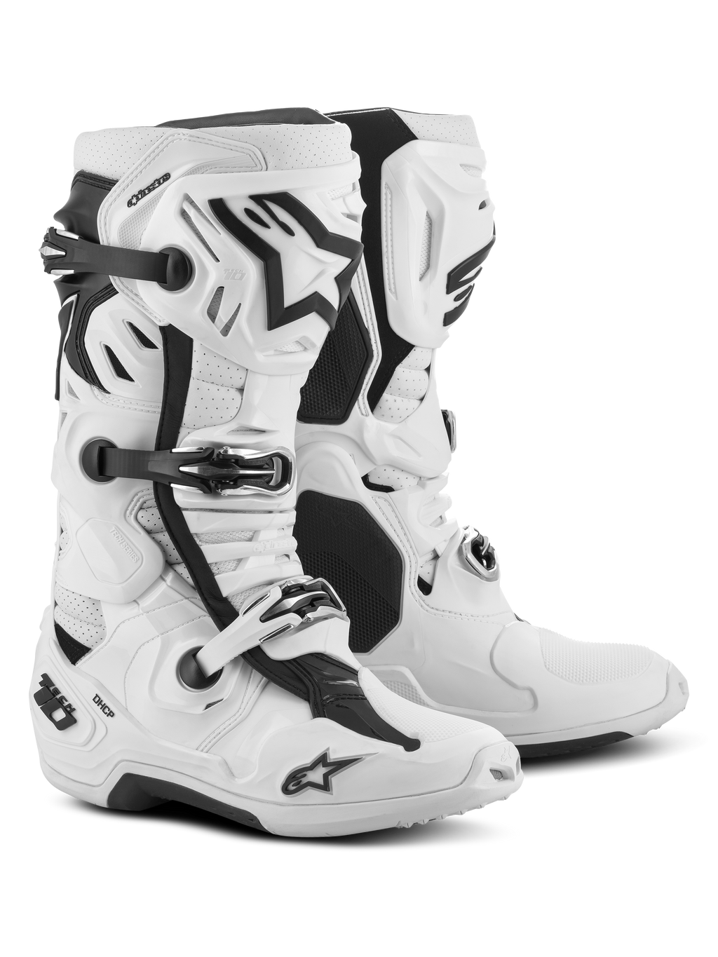 Botas Alpinestars Tech 10 Supervented, botas de motocross, brancas, com entradas de ar frontais, caneleira ventilada e sistema de fivelas ajustáveis, calçado de corrida todo-o-terreno de alta performance
