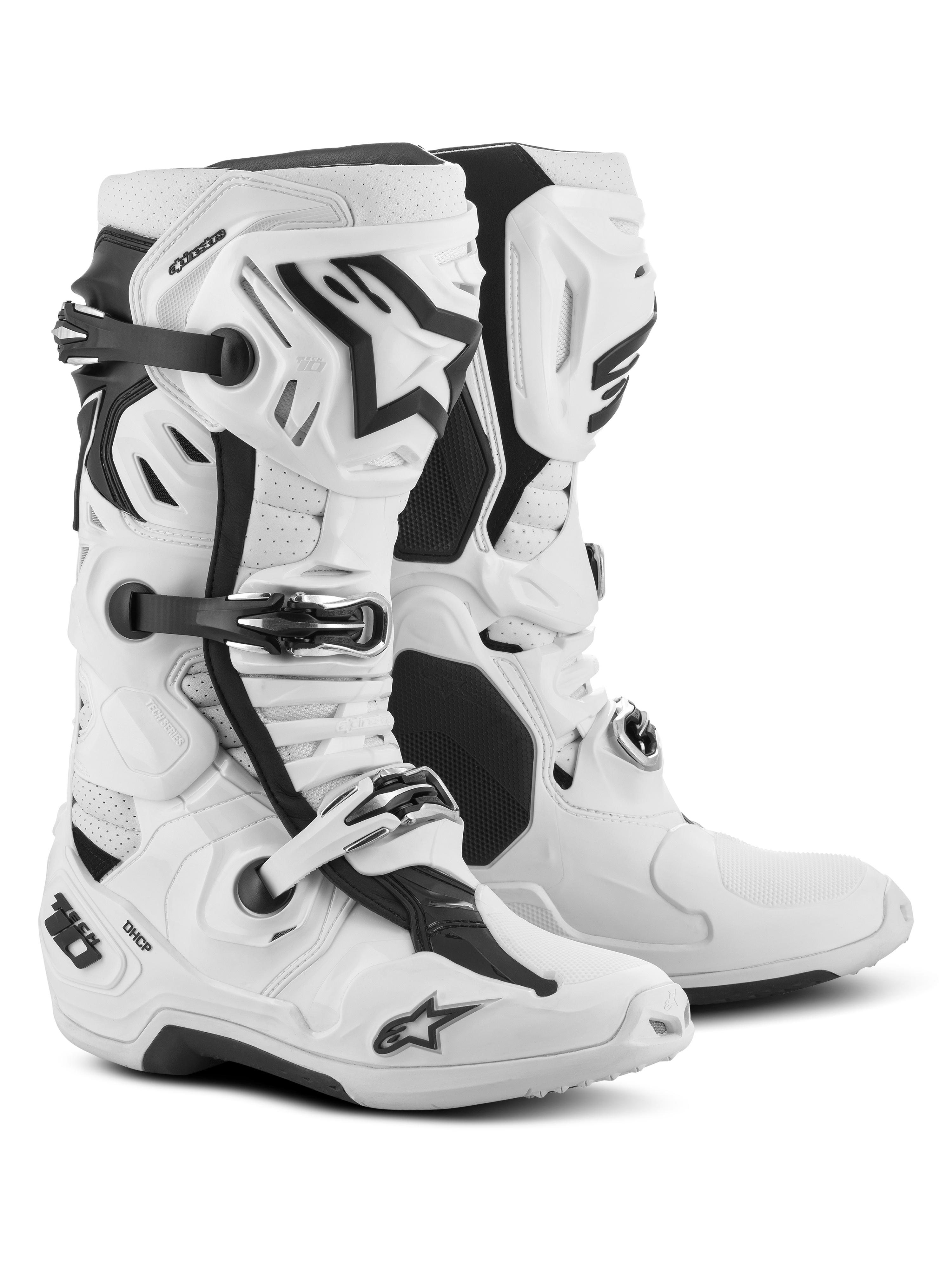 Botas Alpinestars Tech 10 Supervented, botas de motocross, brancas, com entradas de ar frontais, caneleira ventilada e sistema de fivelas ajustáveis, calçado de corrida todo-o-terreno de alta performance