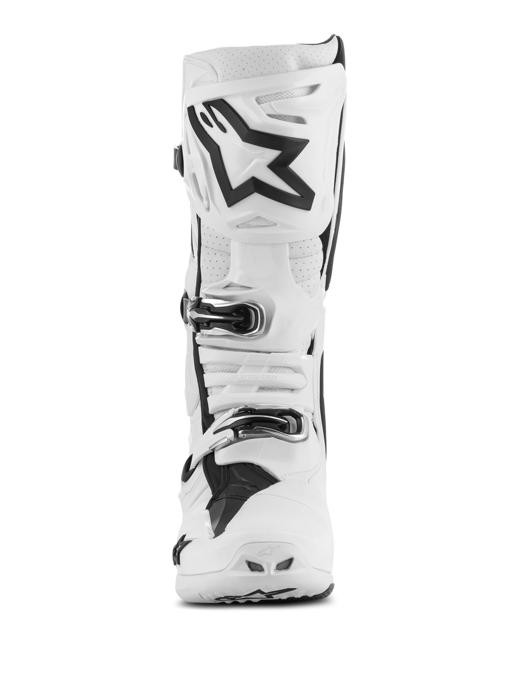 Alpinestars Tech 10 Supervented Boots, botas de motocross, brancas com detalhes pretos, vista frontal com o grande logótipo Astar preto na placa da canela, sistema de fecho por fivelas e secções perfuradas para ventilação