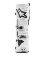 Alpinestars Tech 10 Supervented Boots, botas de motocross, brancas com detalhes pretos, vista frontal com o grande logótipo Astar preto na placa da canela, sistema de fecho por fivelas e secções perfuradas para ventilação