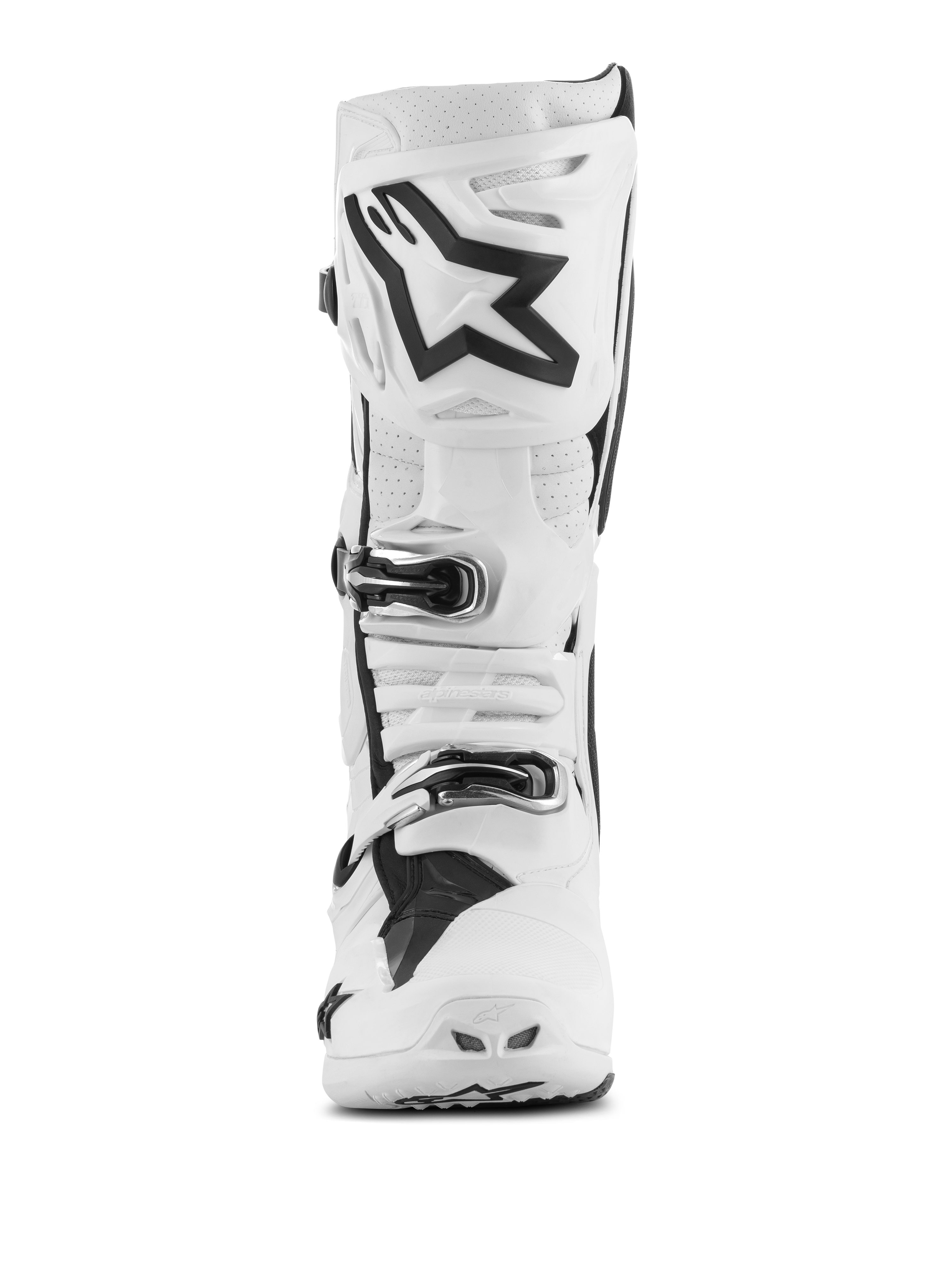 Alpinestars Tech 10 Supervented Boots, botas de motocross, brancas com detalhes pretos, vista frontal com o grande logótipo Astar preto na placa da canela, sistema de fecho por fivelas e secções perfuradas para ventilação