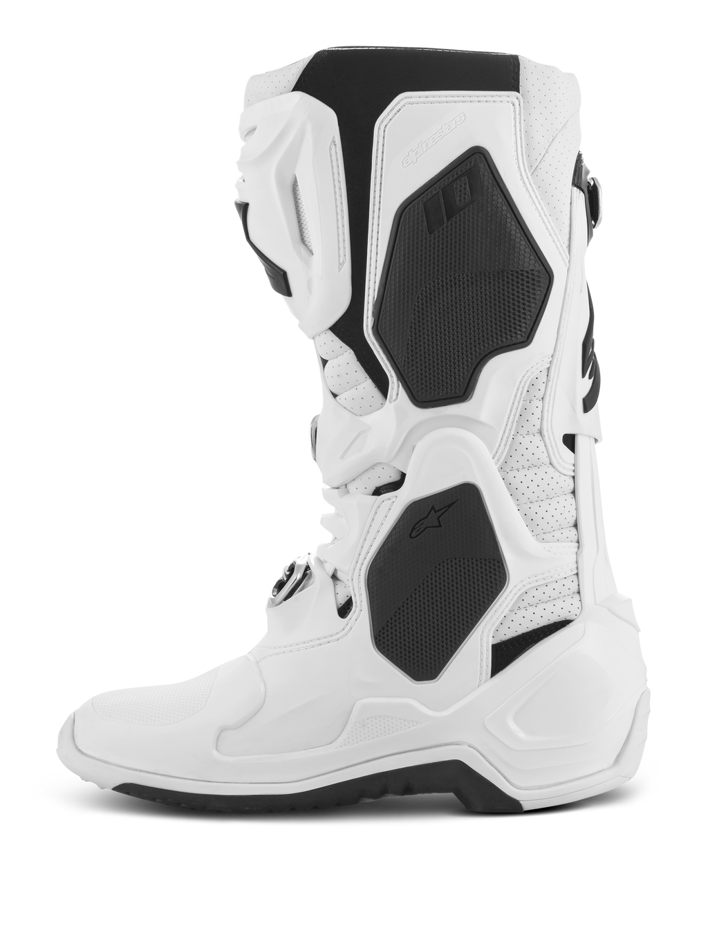 Alpinestars Tech 10 Supervented Boots, botas de motocross, brancas, vista de perfil lateral, com painéis de TPU pretos e construção em microfibra perfurada, placa de canela ventilada para elevado fluxo de ar, calçado profissional para corridas off-road