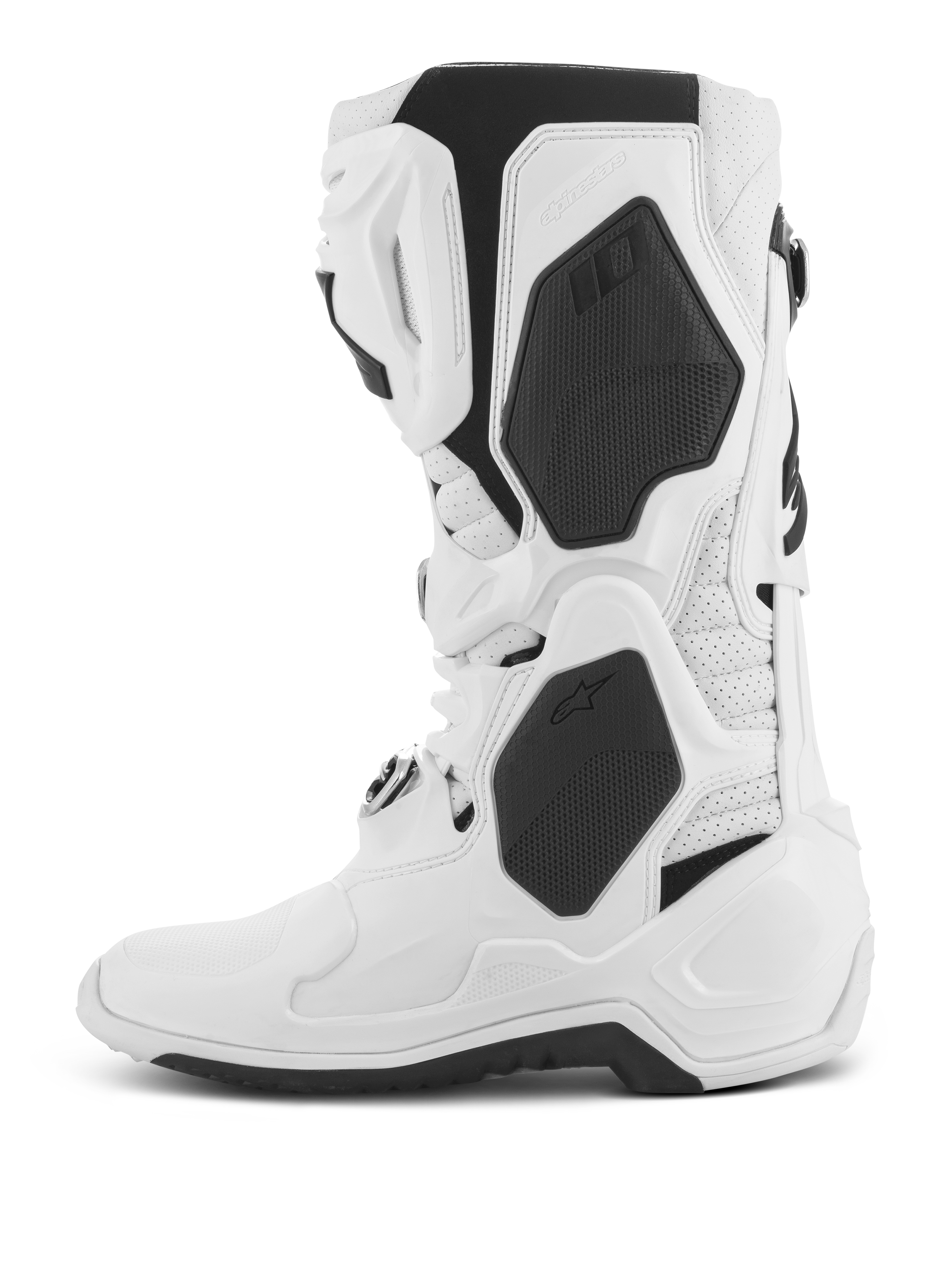 Alpinestars Tech 10 Supervented Boots, botas de motocross, brancas, vista de perfil lateral, com painéis de TPU pretos e construção em microfibra perfurada, placa de canela ventilada para elevado fluxo de ar, calçado profissional para corridas off-road