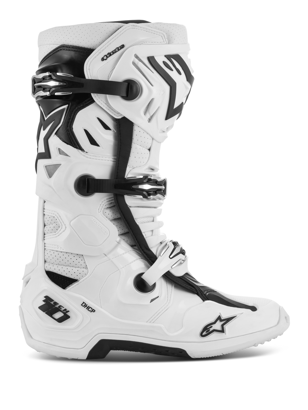 Botas Alpinestars Tech 10 Supervented, botas de motocross todo-o-terreno, brancas e pretas, com múltiplas fivelas ajustáveis, painéis de ventilação perfurados e um design de cano alto robusto e protetor
