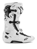 Botas Alpinestars Tech 10 Supervented, botas de motocross todo-o-terreno, brancas e pretas, com múltiplas fivelas ajustáveis, painéis de ventilação perfurados e um design de cano alto robusto e protetor