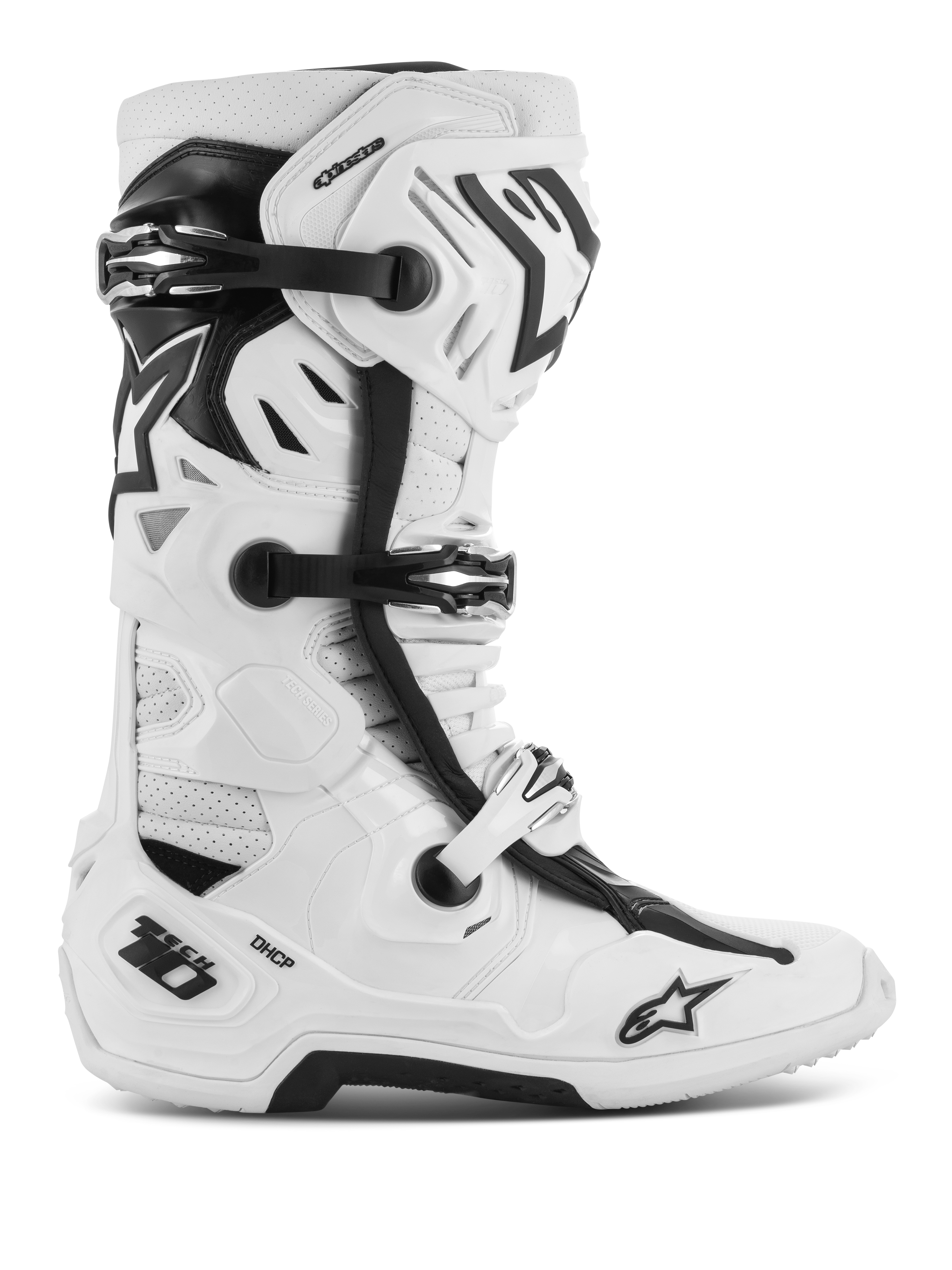 Botas Alpinestars Tech 10 Supervented, botas de motocross todo-o-terreno, brancas e pretas, com múltiplas fivelas ajustáveis, painéis de ventilação perfurados e um design de cano alto robusto e protetor