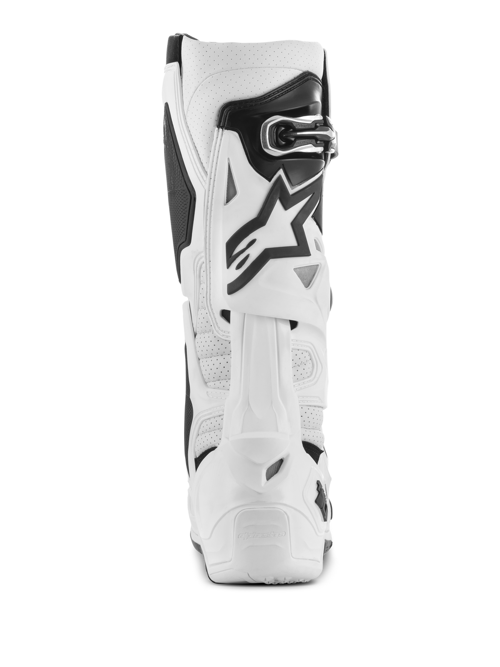 Alpinestars Tech 10 Supervented Boots, botas de motocross brancas, vista traseira com microfibra perfurada para fluxo de ar, sistema de lâmina traseira em TPU branco, logótipo de estrela preto e fecho de fivela seguro, calçado de alto desempenho para todo-o-terreno