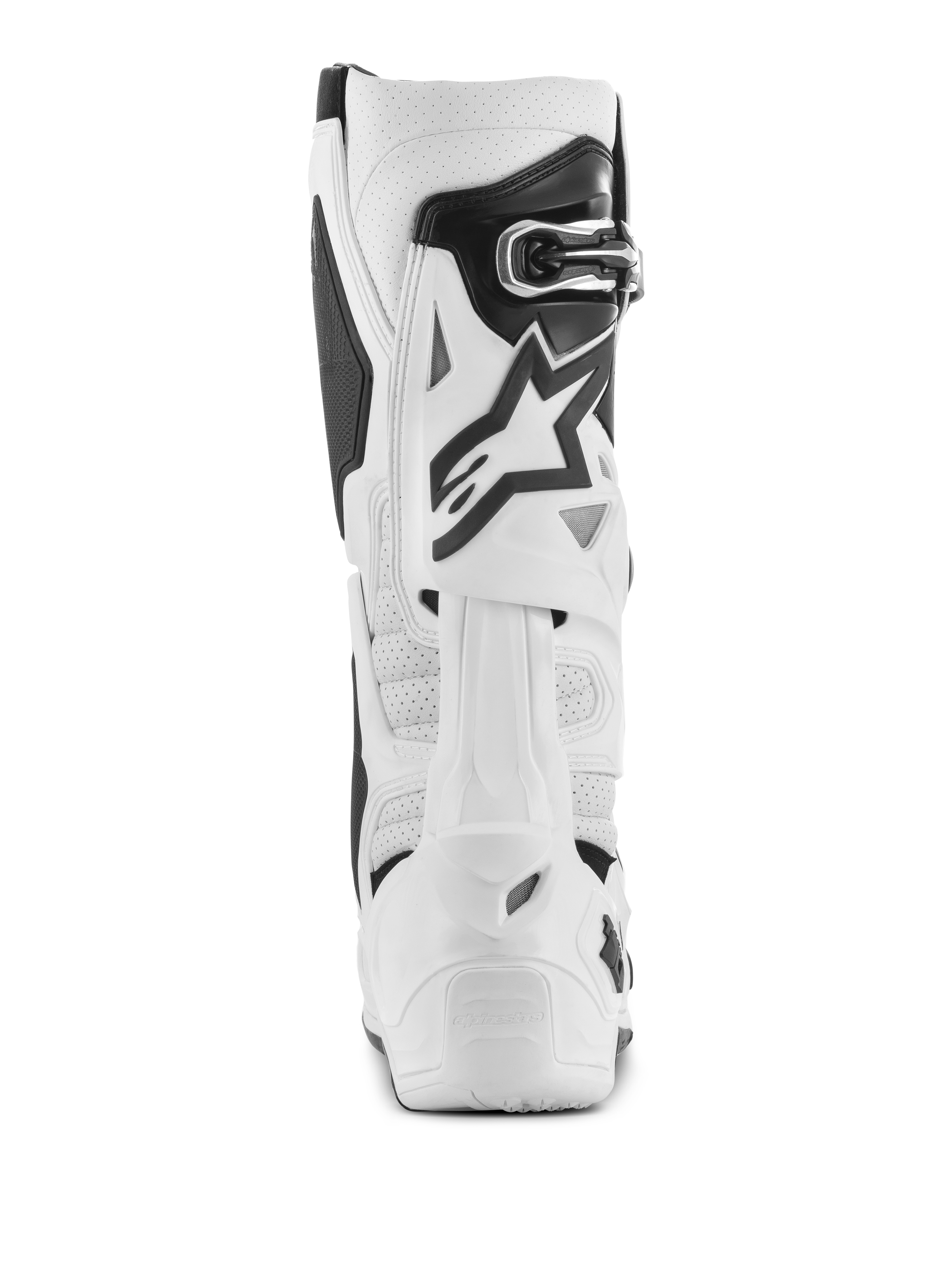 Alpinestars Tech 10 Supervented Boots, botas de motocross brancas, vista traseira com microfibra perfurada para fluxo de ar, sistema de lâmina traseira em TPU branco, logótipo de estrela preto e fecho de fivela seguro, calçado de alto desempenho para todo-o-terreno