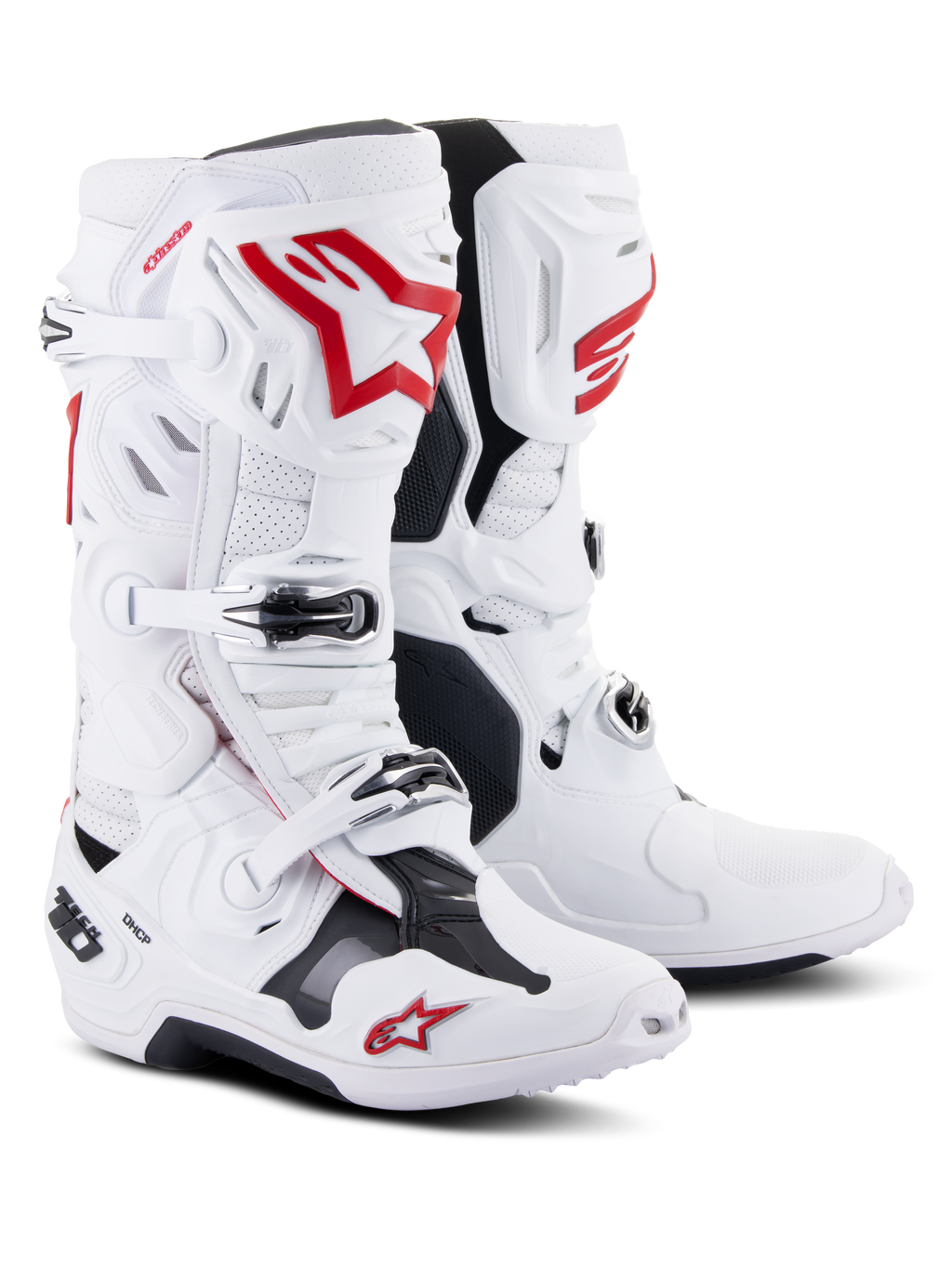 Botas Alpinestars Tech 10 Supervented, botas de motocross, brancas e vermelho vibrante, com microfibra perfurada para fluxo de ar, logótipos Astars vermelhos proeminentes, fechos de fivela pretos e um chassis de TPU reforçado para desempenho em todo-o-terreno